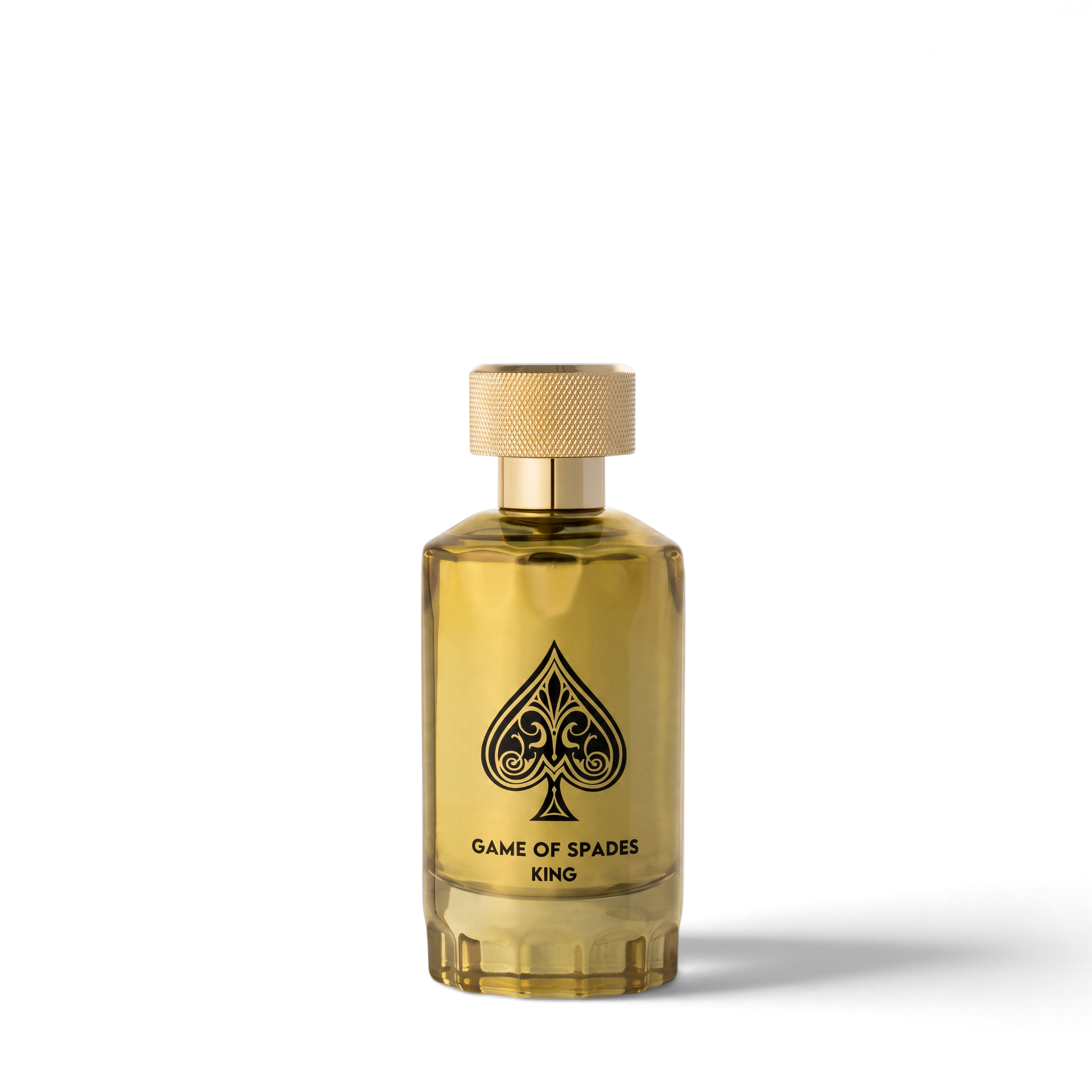 Palette 21 Jo Milano Game of Spades King parfum in a gold-tinted glass bottle with a textured cap.