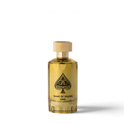 Palette 21 Jo Milano Game of Spades King parfum in a gold-tinted glass bottle with a textured cap.