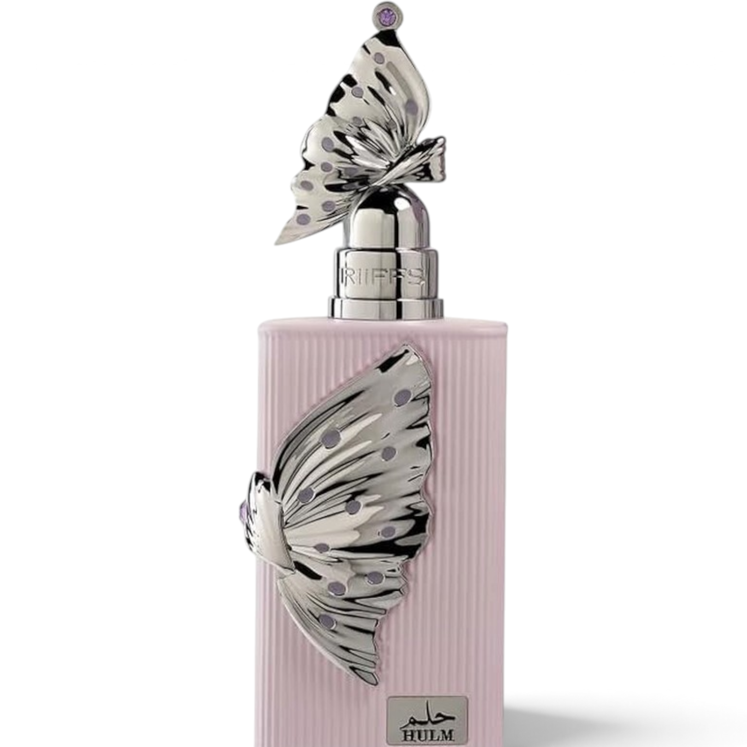 Palette 21 RIIFFS HULM 3.4oz eau de parfum spray in a ribbed light pink bottle with silver butterfly wing accents.