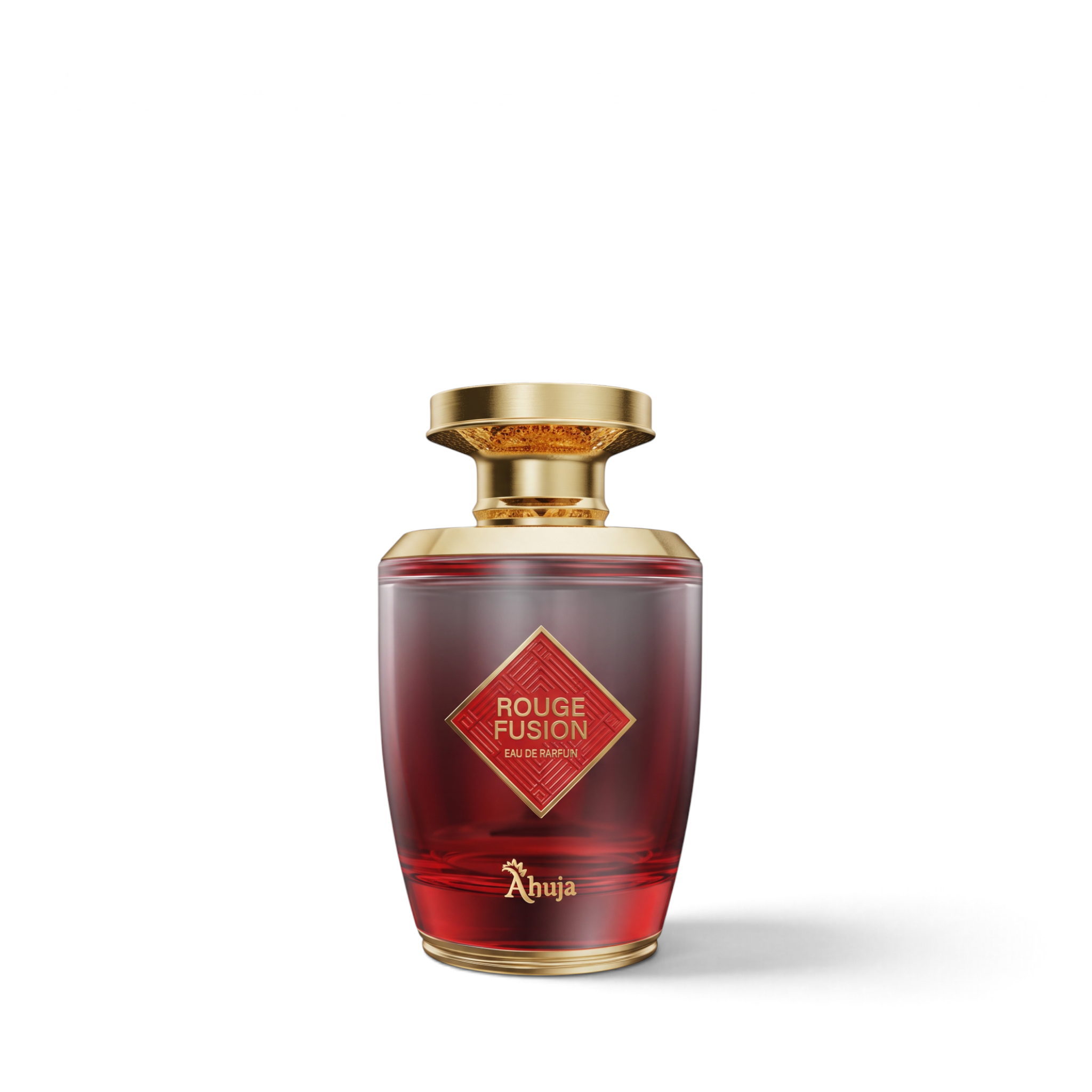 Palette 21 Rouge Fusion by Ahuja eau de parfum in a deep red glass bottle with a gold cap and diamond-shaped label.