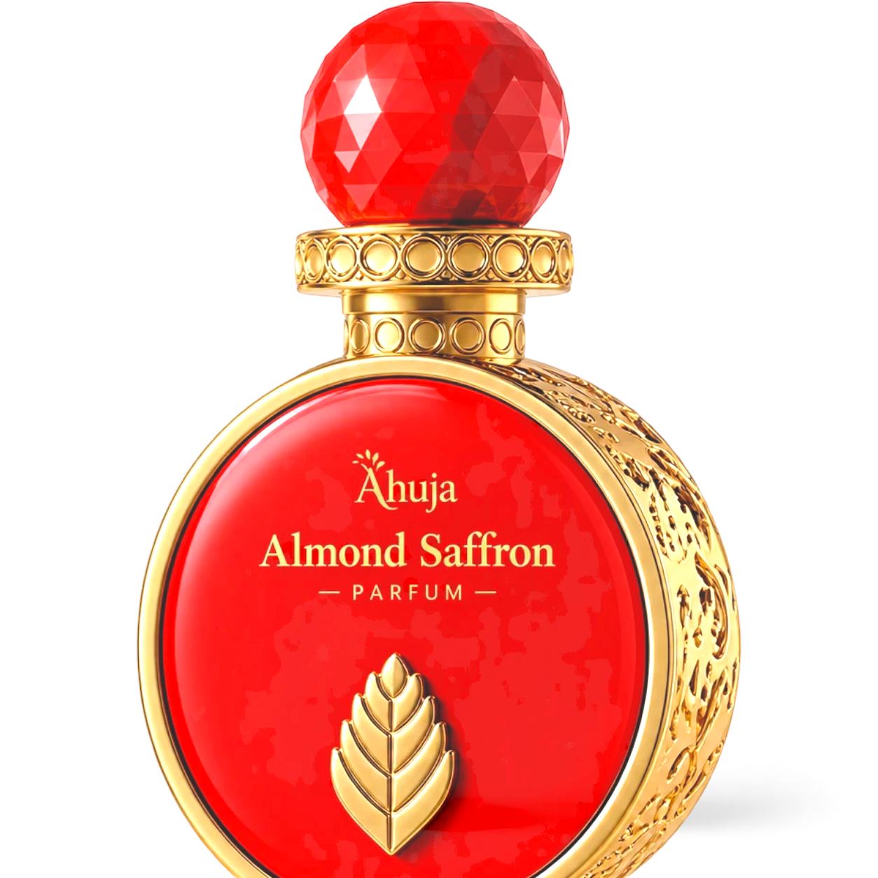 Palette 21 Ahuja Almond Saffron unisex parfum in a vibrant orange bottle with gold accents and a crystal-adorned cap.
