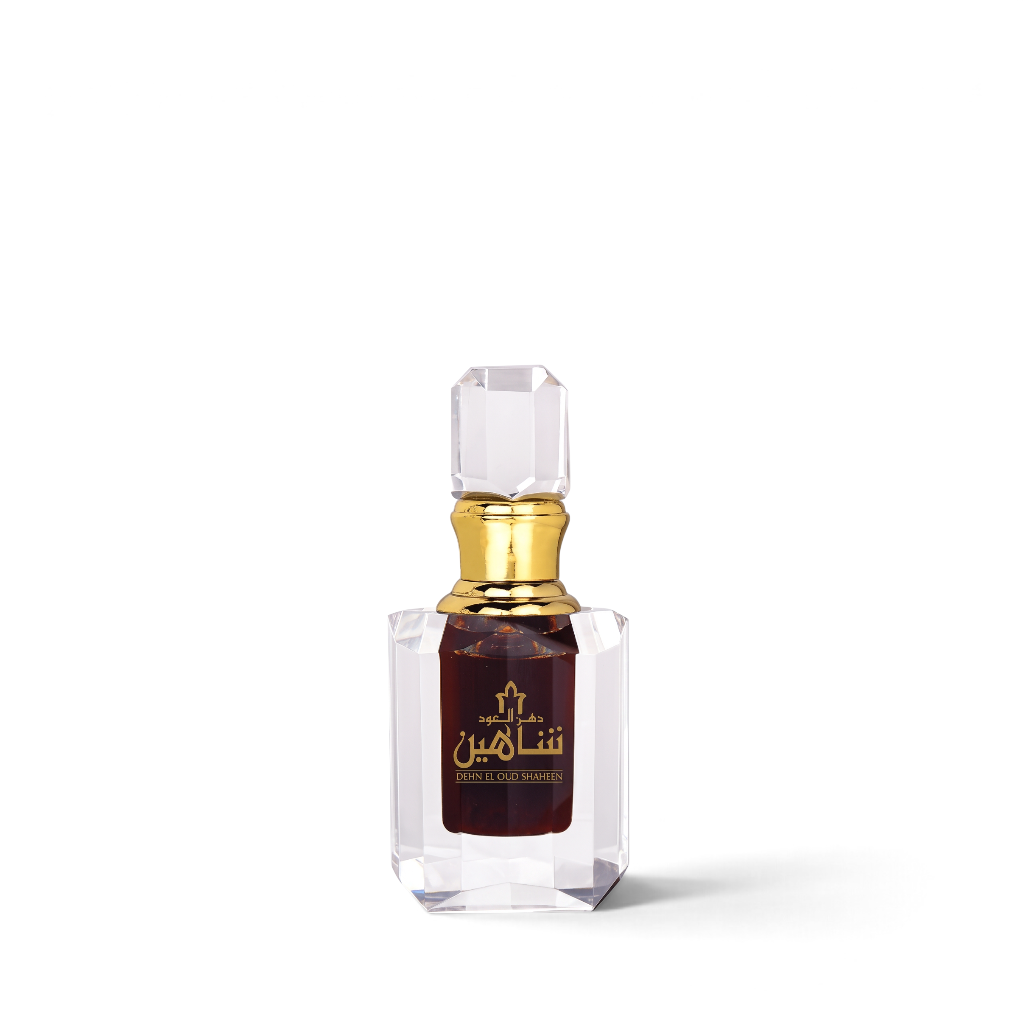 Palette 21 Dehn El Oud Shaheen 6ml concentrated perfume oil in a clear crystal bottle with a gold cap