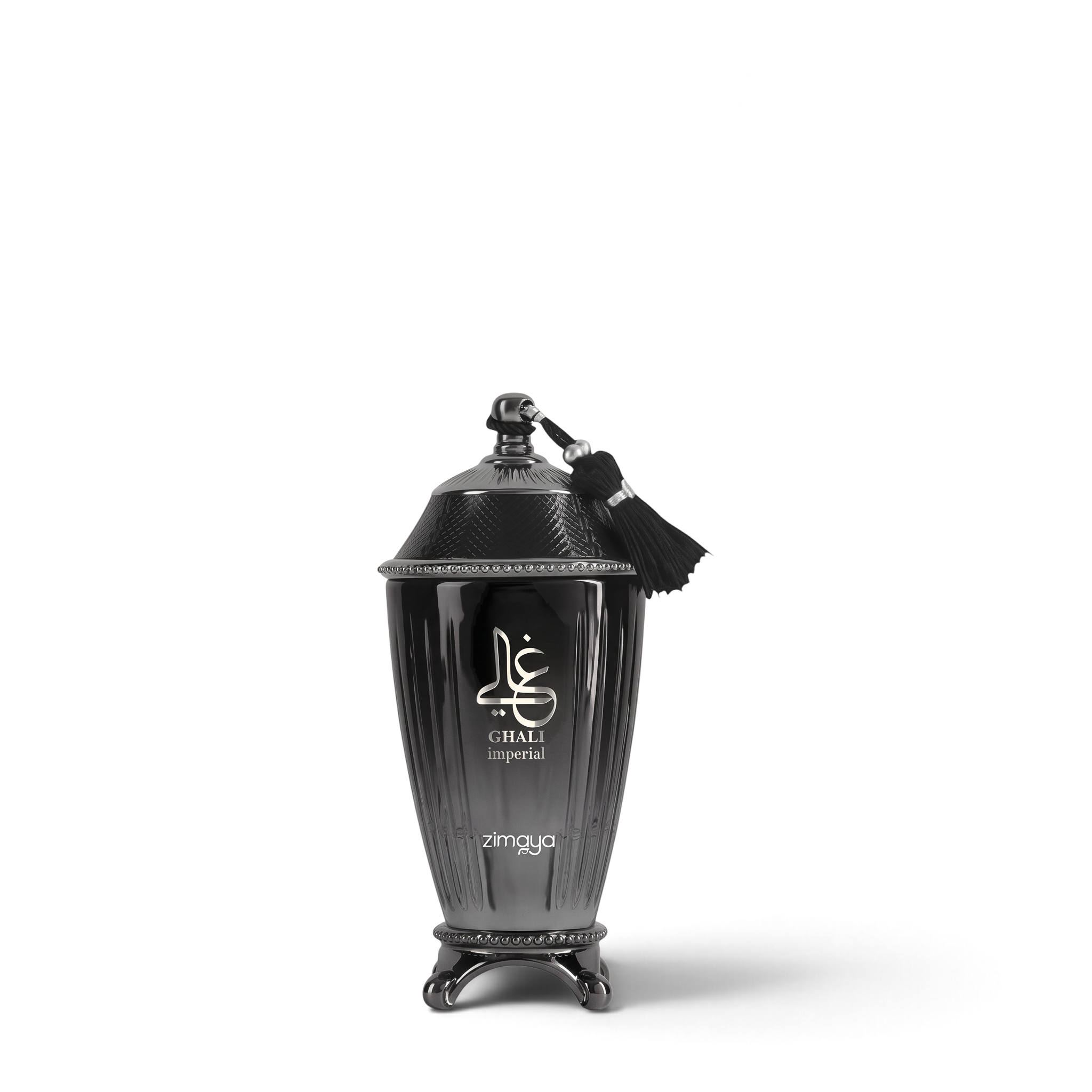 Palette 21 Afnan Zimaya Ghali Imperial eau de parfum in a decorative black glass bottle with a tassel and ornate base.