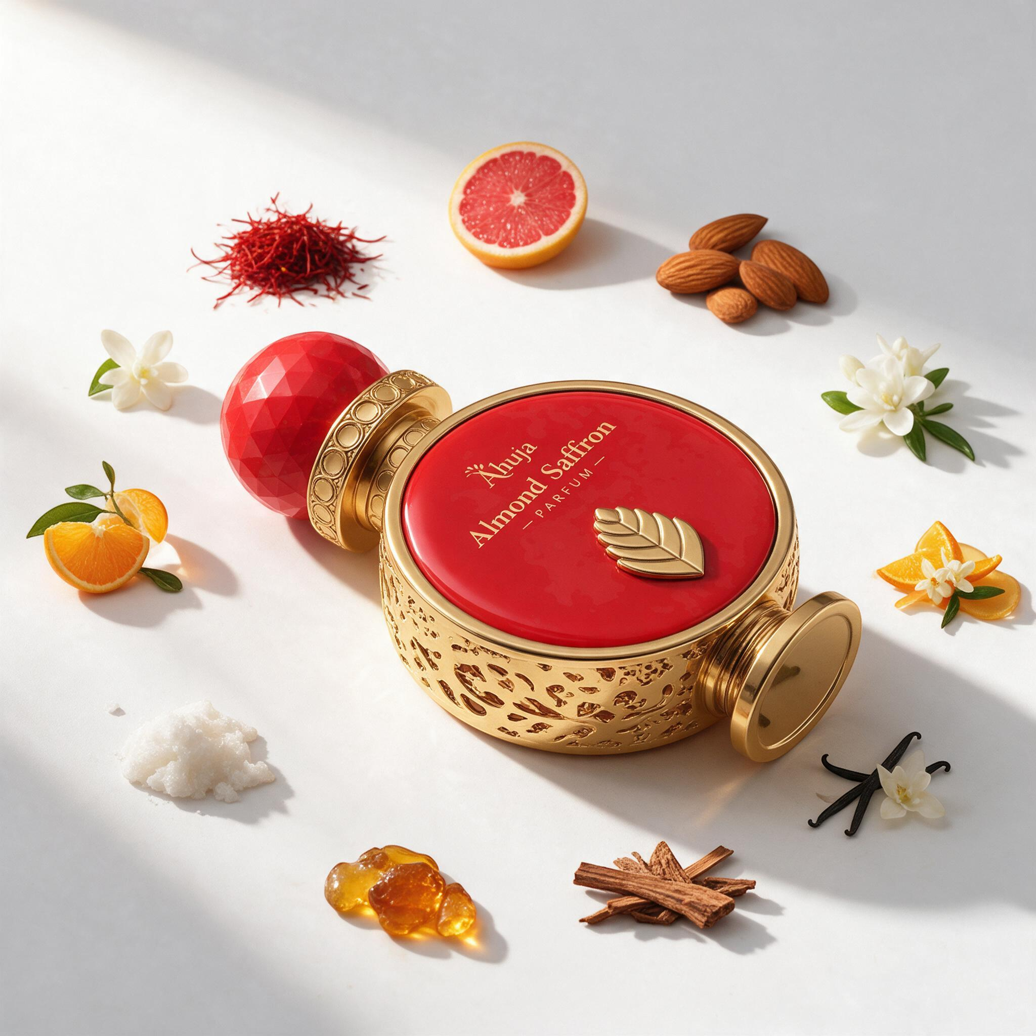 Palette 21 Ahuja Almond Saffron perfume bottle in vibrant orange and gold with surrounding almond, saffron, and citrus.