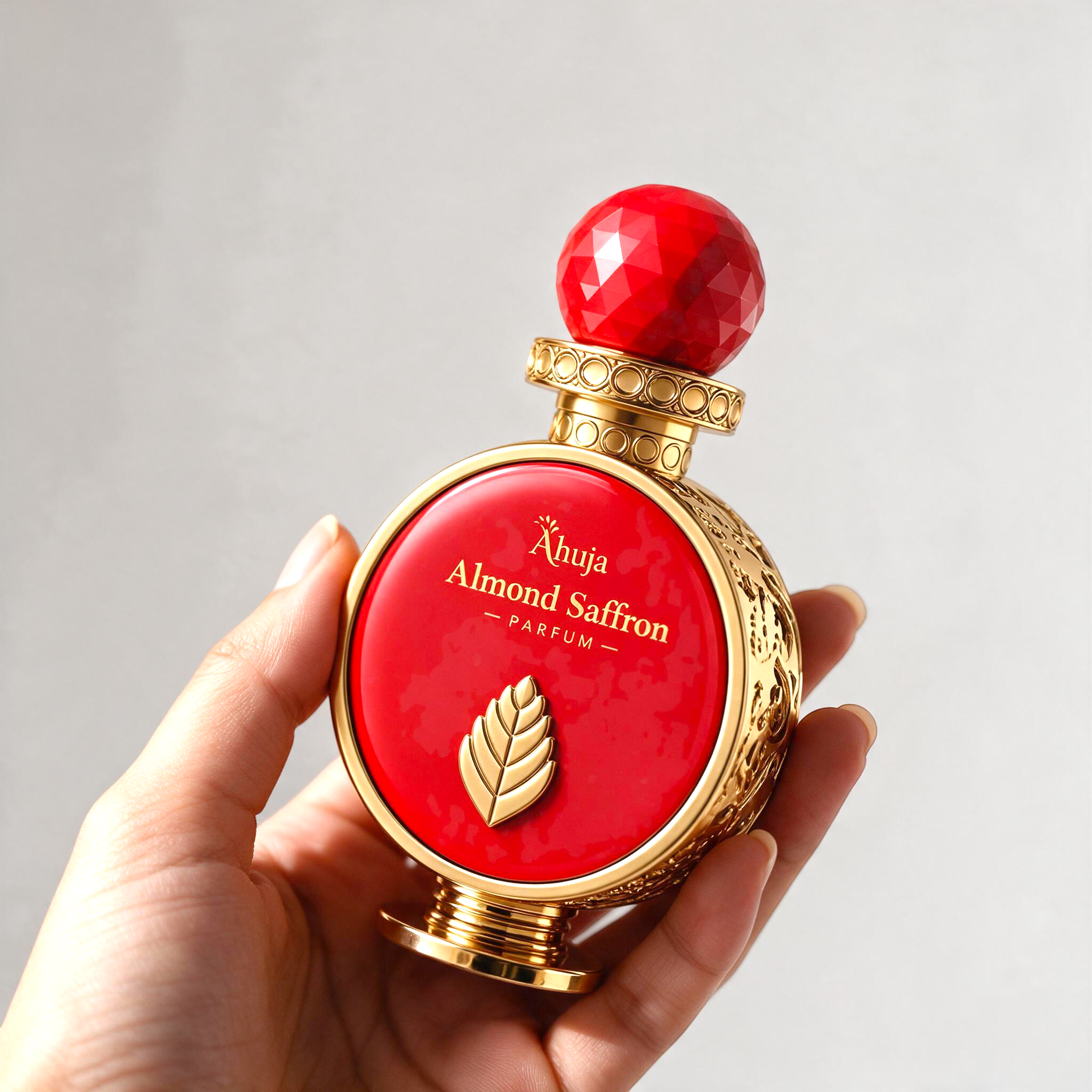 Palette 21 Ahuja Almond Saffron unisex parfum in a vibrant orange bottle with gold detailing held in a hand