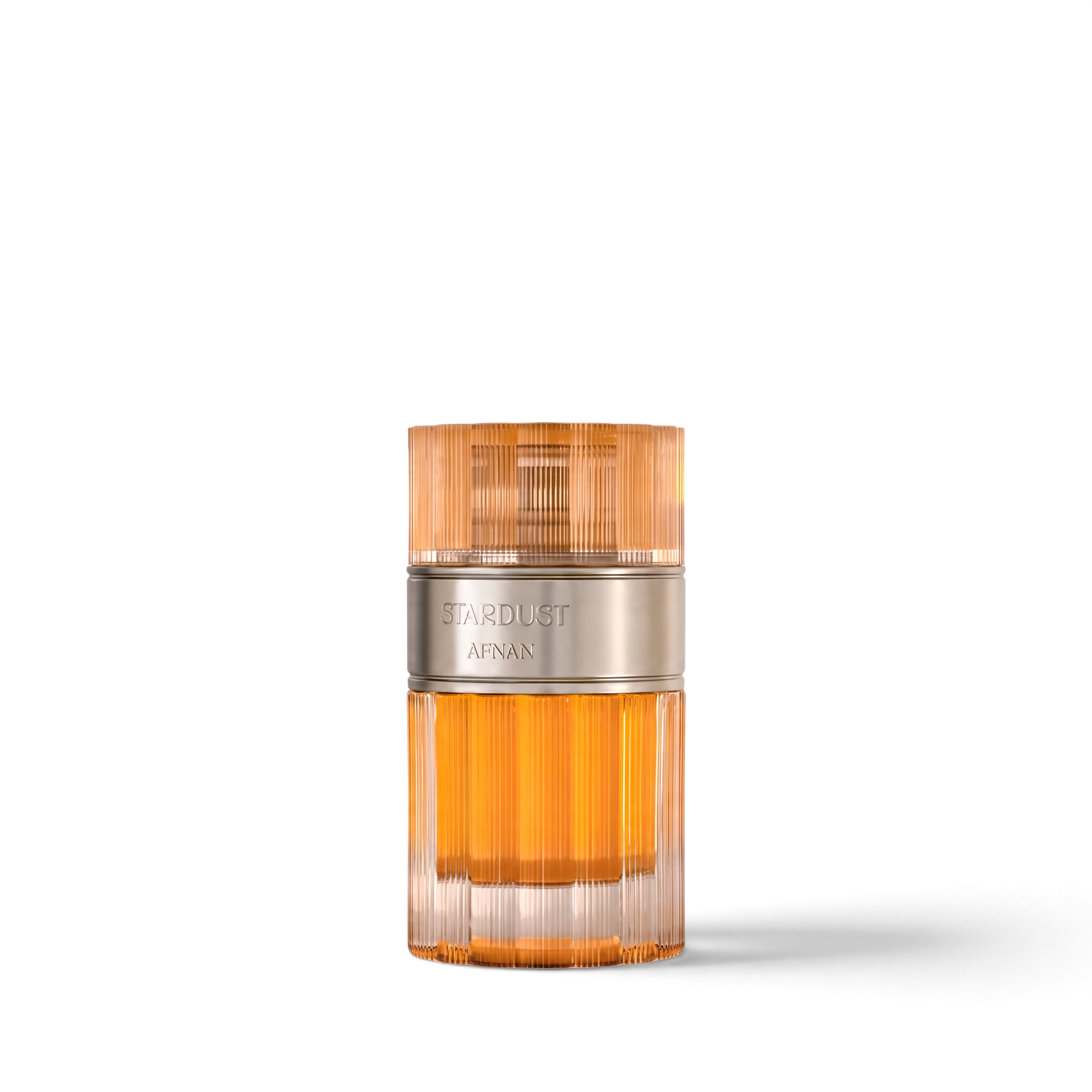Palette 21 Afnan Stardust Extrait de Parfum in a ribbed amber-gold glass bottle with a metallic collar.