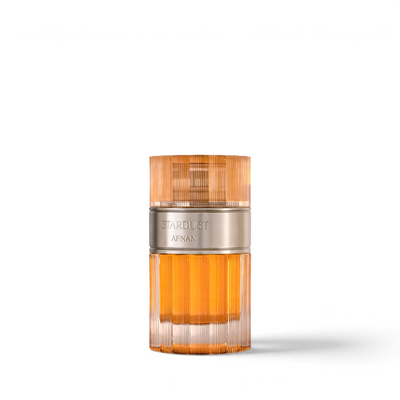 Palette 21 Afnan Stardust Extrait de Parfum in a ribbed amber-gold glass bottle with a metallic collar.