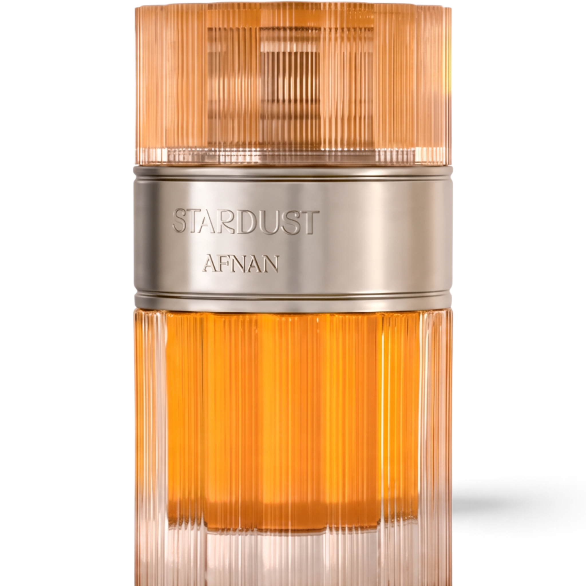 Palette 21 Afnan Stardust Extrait de Parfum in a ribbed amber-gold glass bottle with a metallic collar