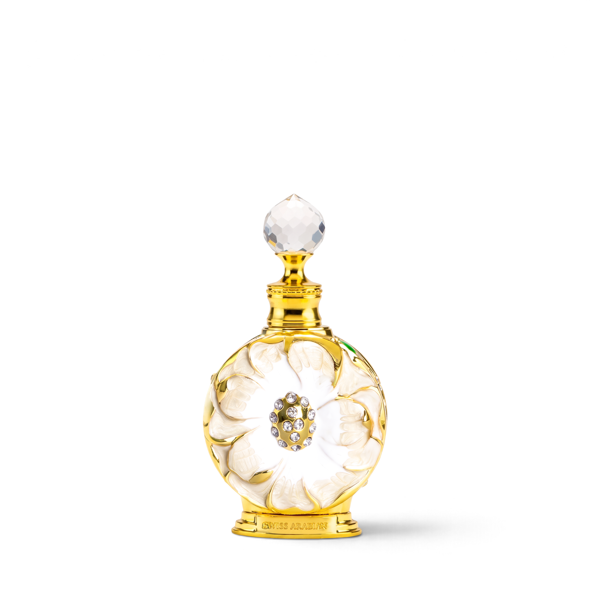 Palette 21 LAYALI BLANC 15ml perfume oil in a decorative gold and white floral glass bottle with crystal accents