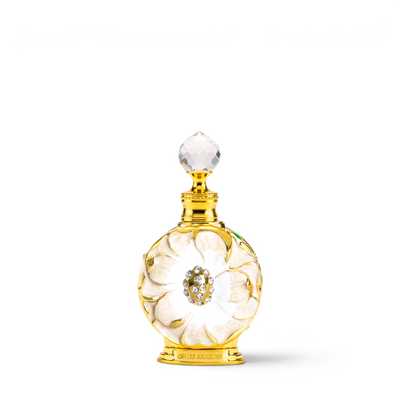 Palette 21 LAYALI BLANC 15ml perfume oil in a decorative gold and white floral glass bottle with crystal accents