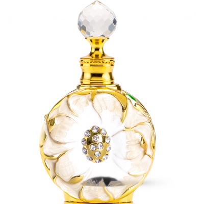 Palette 21 Layali Blanc 15ml perfume bottle featuring a white floral design with gold accents and crystal topper.
