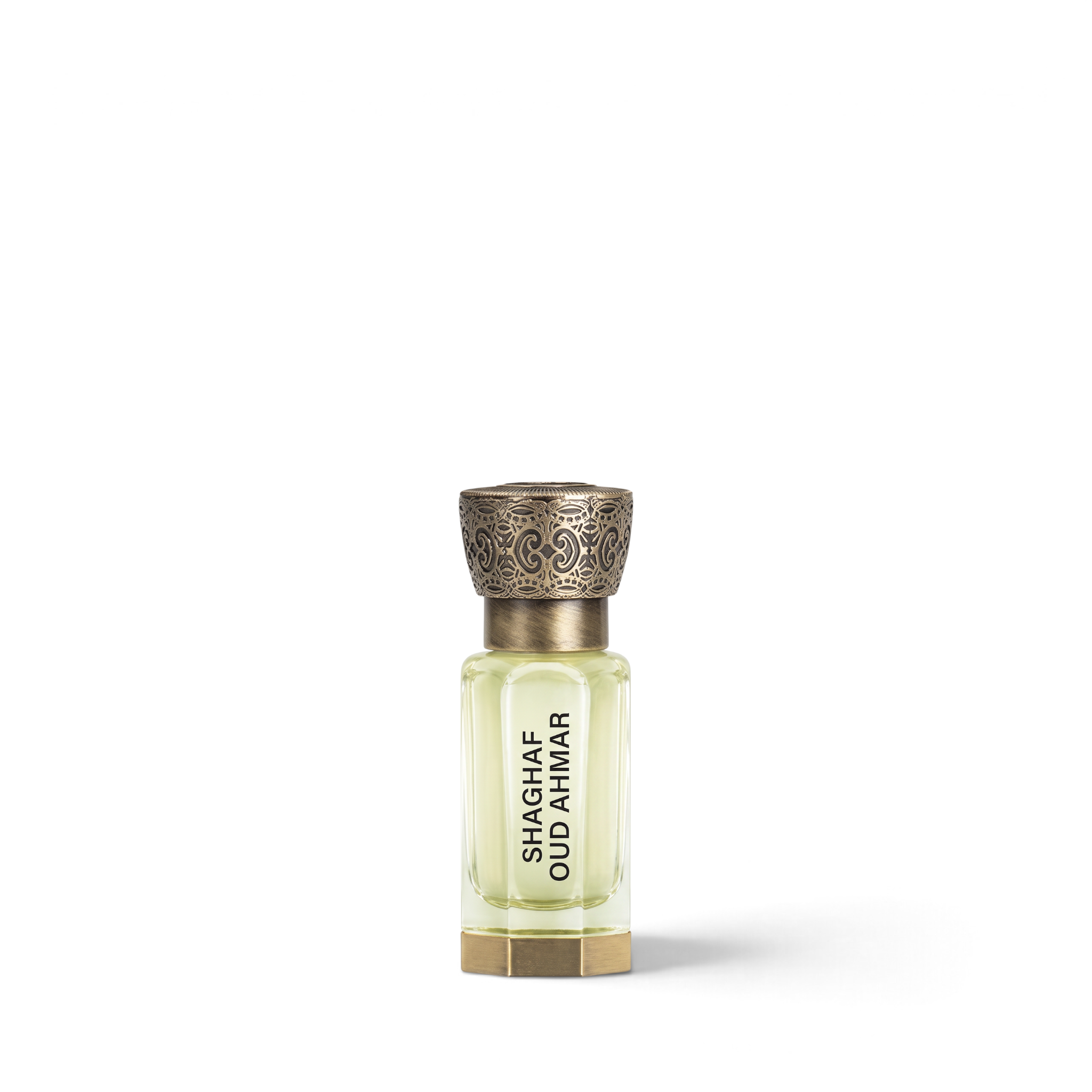 Palette 21 Shaghaf Oud Ahmar 12ml concentrated perfume oil in a glass bottle with an ornate metallic cap