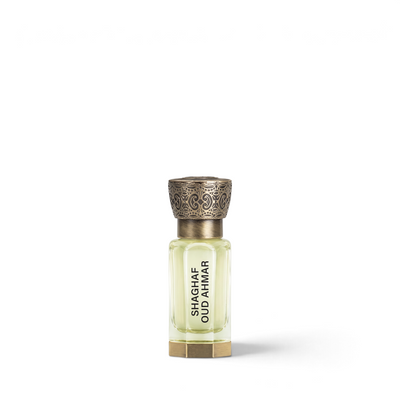 Palette 21 Shaghaf Oud Ahmar 12ml concentrated perfume oil in a glass bottle with an ornate metallic cap