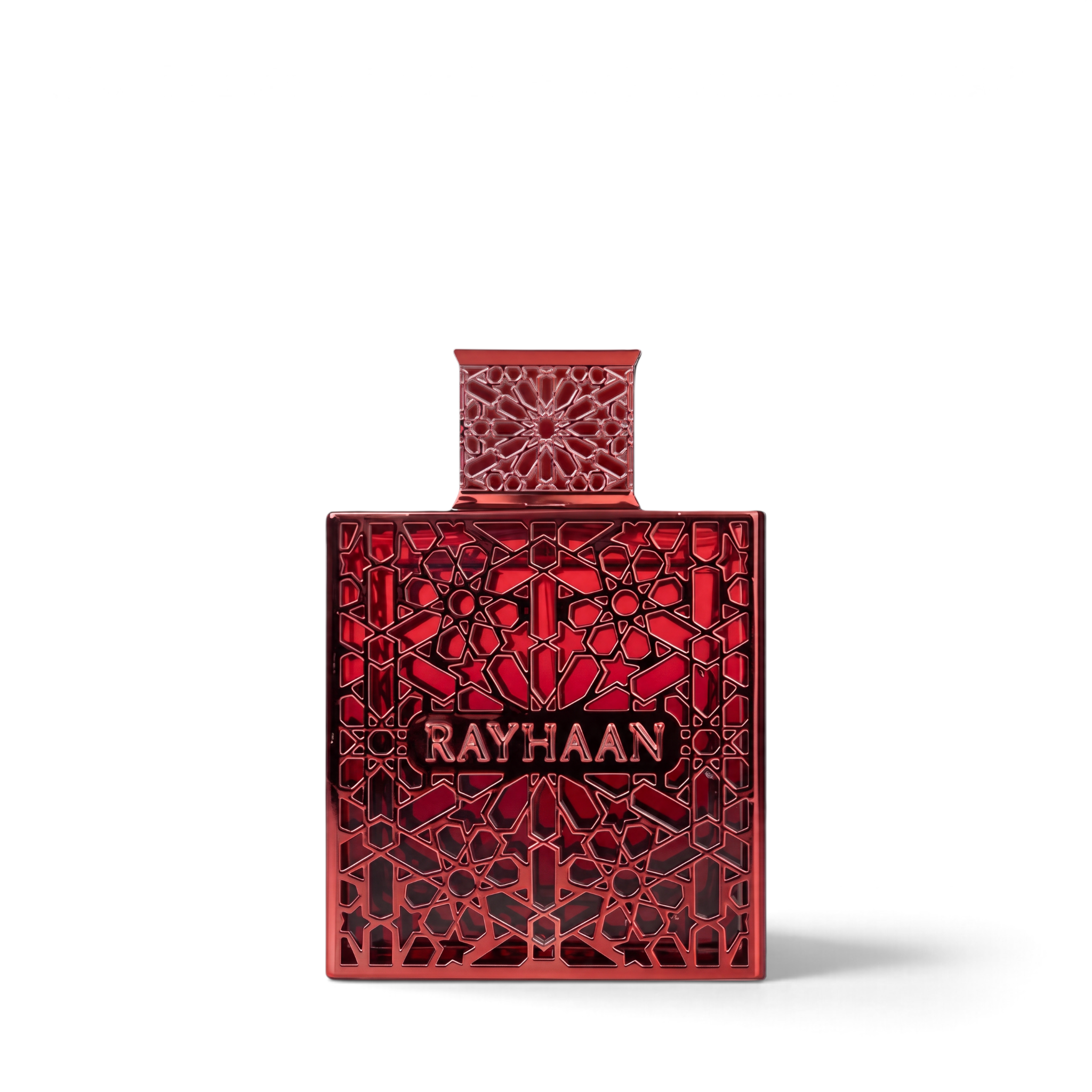Palette 21 Rayhaan Crimson Eau de Parfum in a deep red glass bottle with intricate gold-toned geometric lattice work.