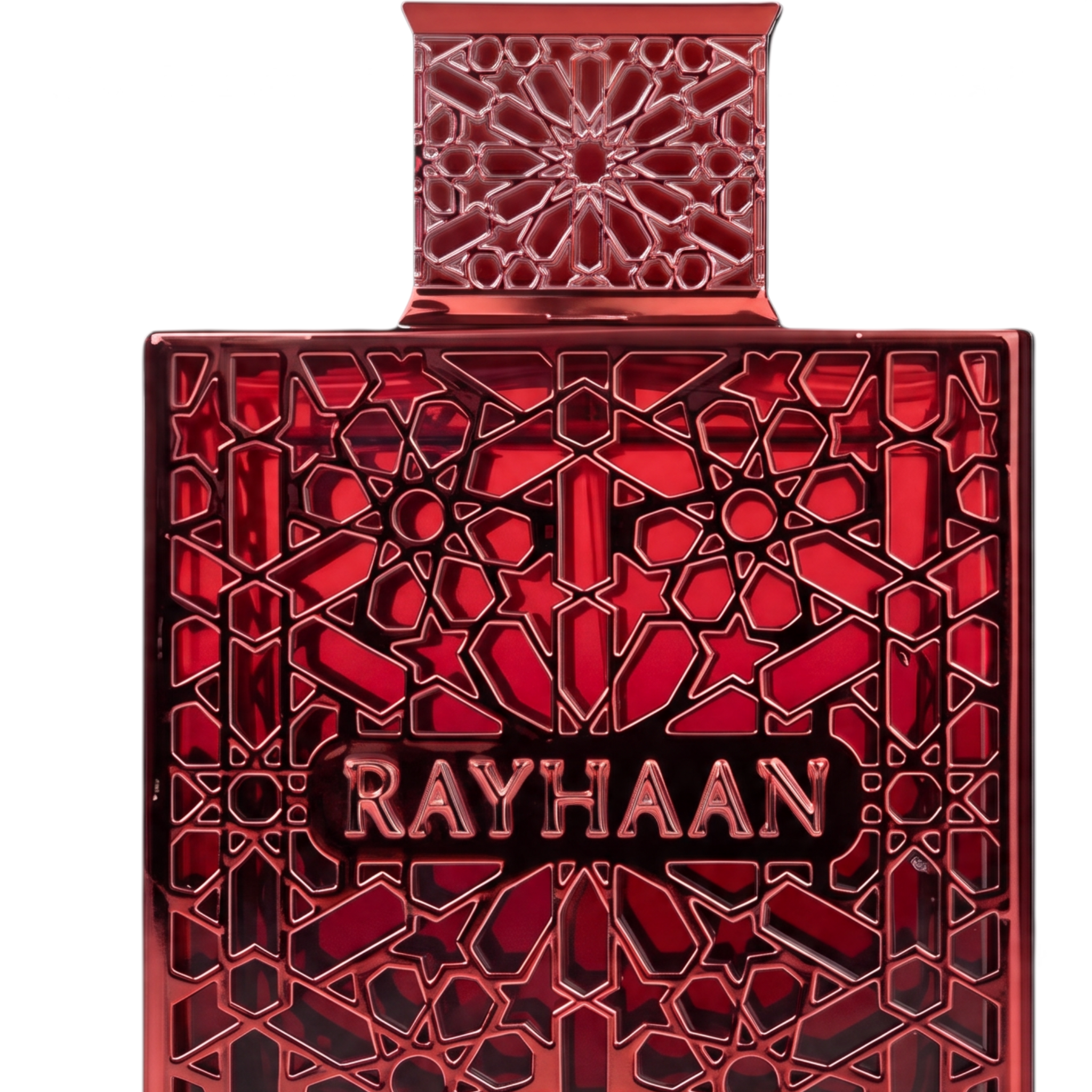 Palette 21 Rayhaan Crimson Eau de Parfum in a deep red glass bottle with intricate gold-toned geometric metal overlay.