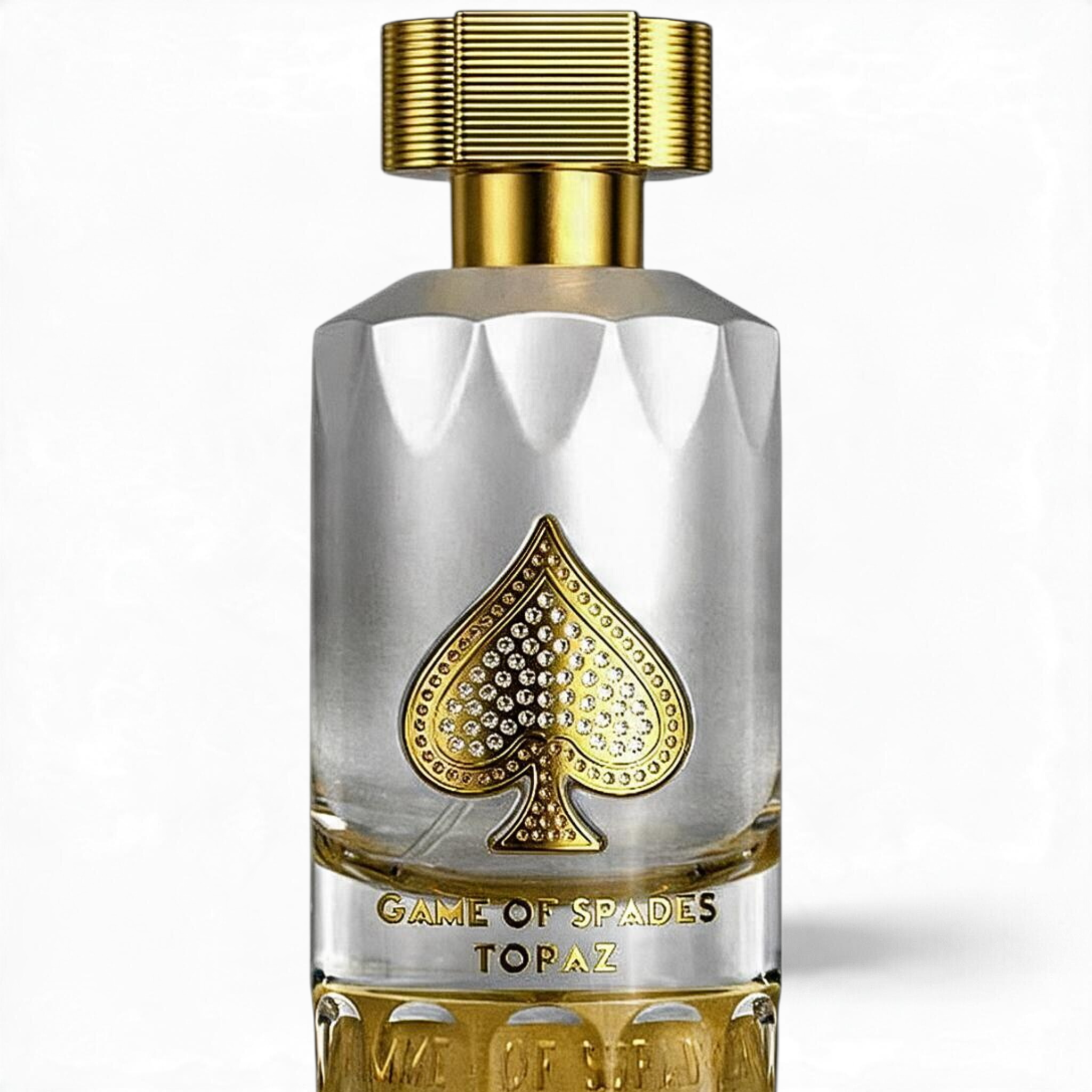Palette 21 Jo Milano Game of Spades Topaz parfum bottle with a gold spade emblem and textured gold cap