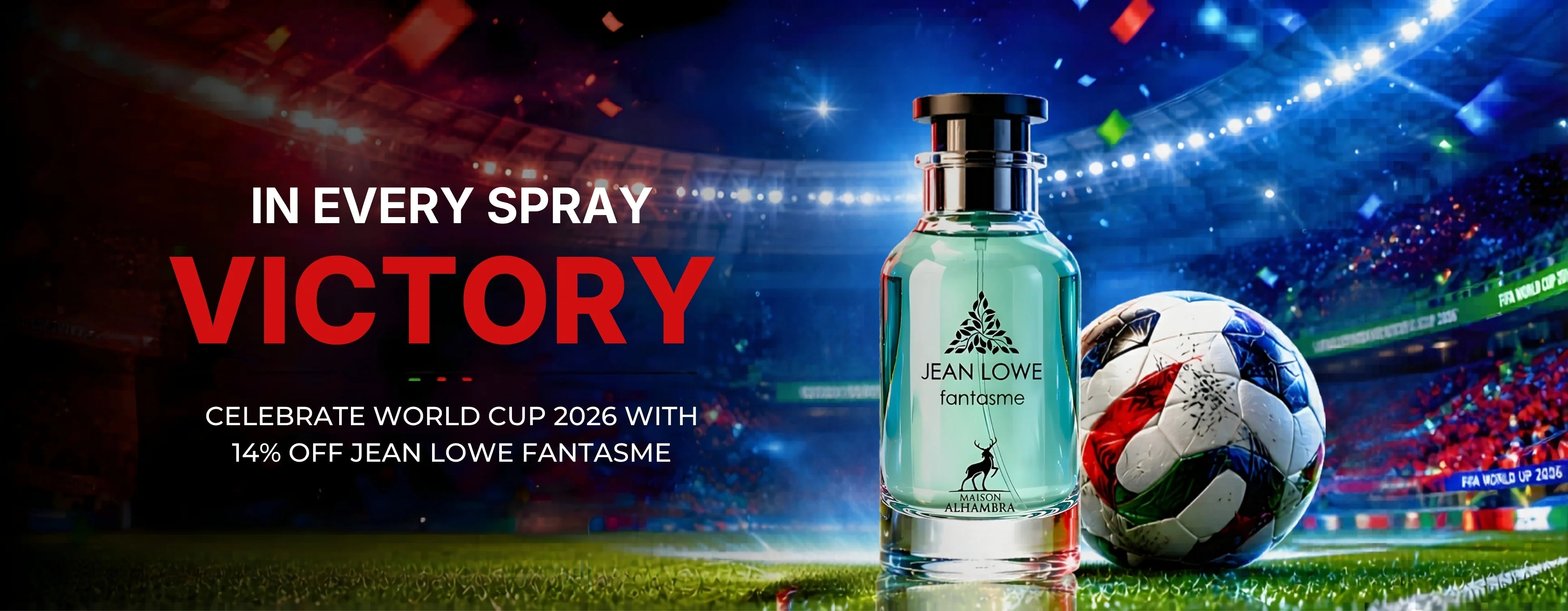 Jean Lowe Fantasme perfume bottle with a soccer ball on a stadium background, promoting World Cup 2026.