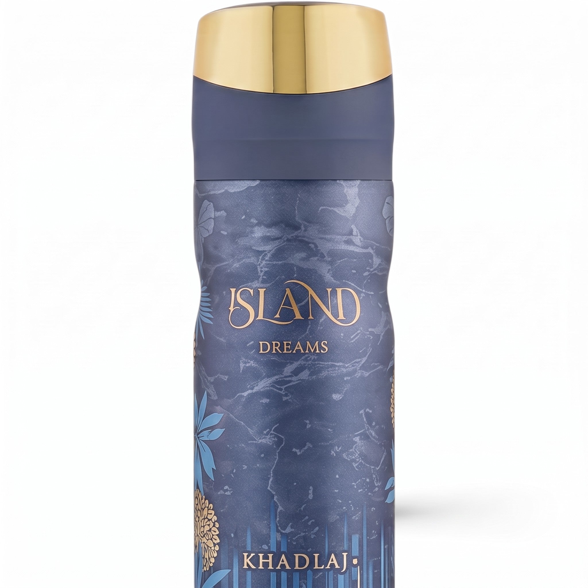 Khadlaj Island Dreams 200ml unisex body mist can close up with gold cap