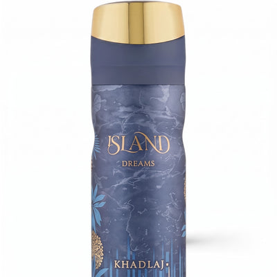 Khadlaj Island Dreams 200ml unisex body mist can close up with gold cap