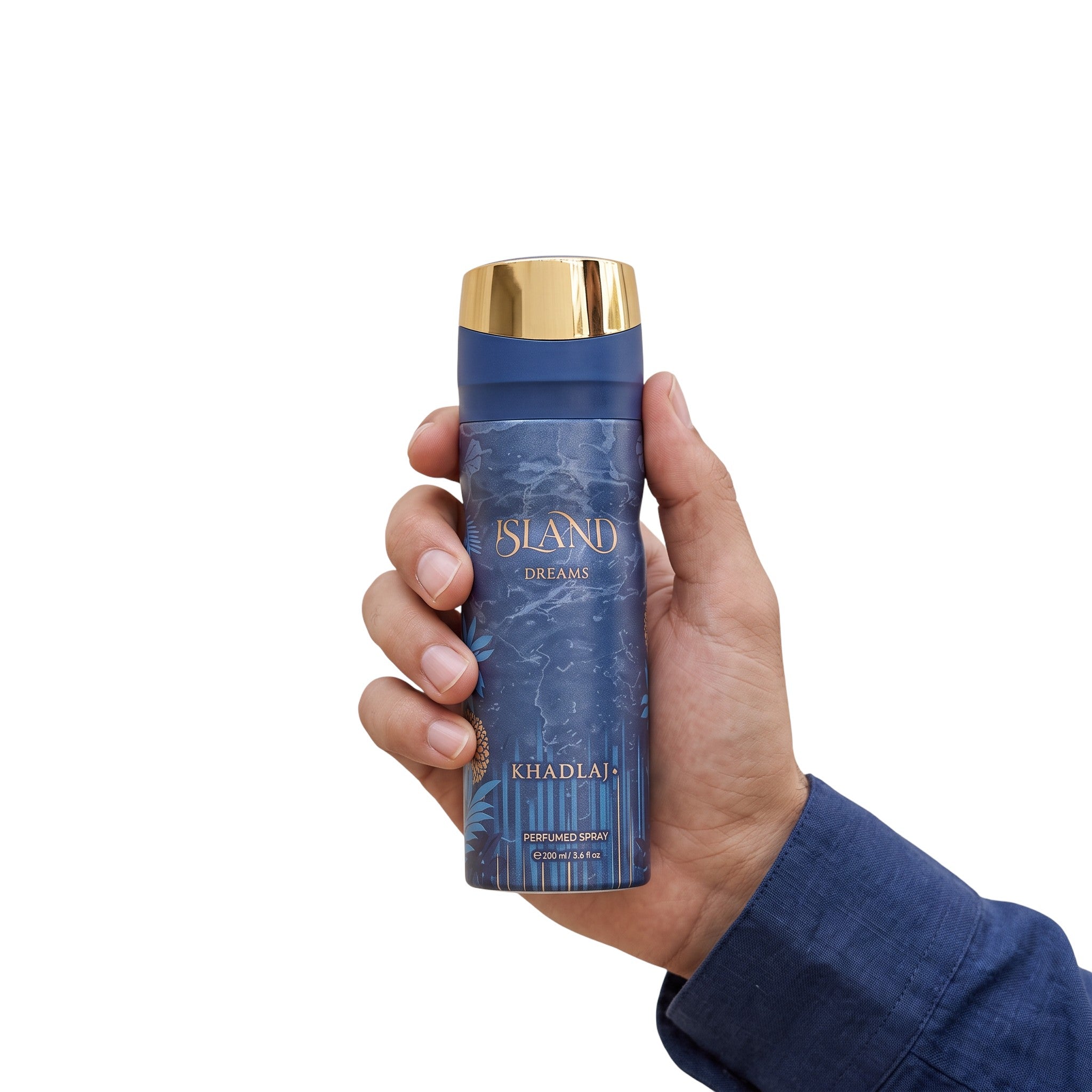 Hand holding the Khadlaj Island Dreams 200ml unisex perfumed body spray