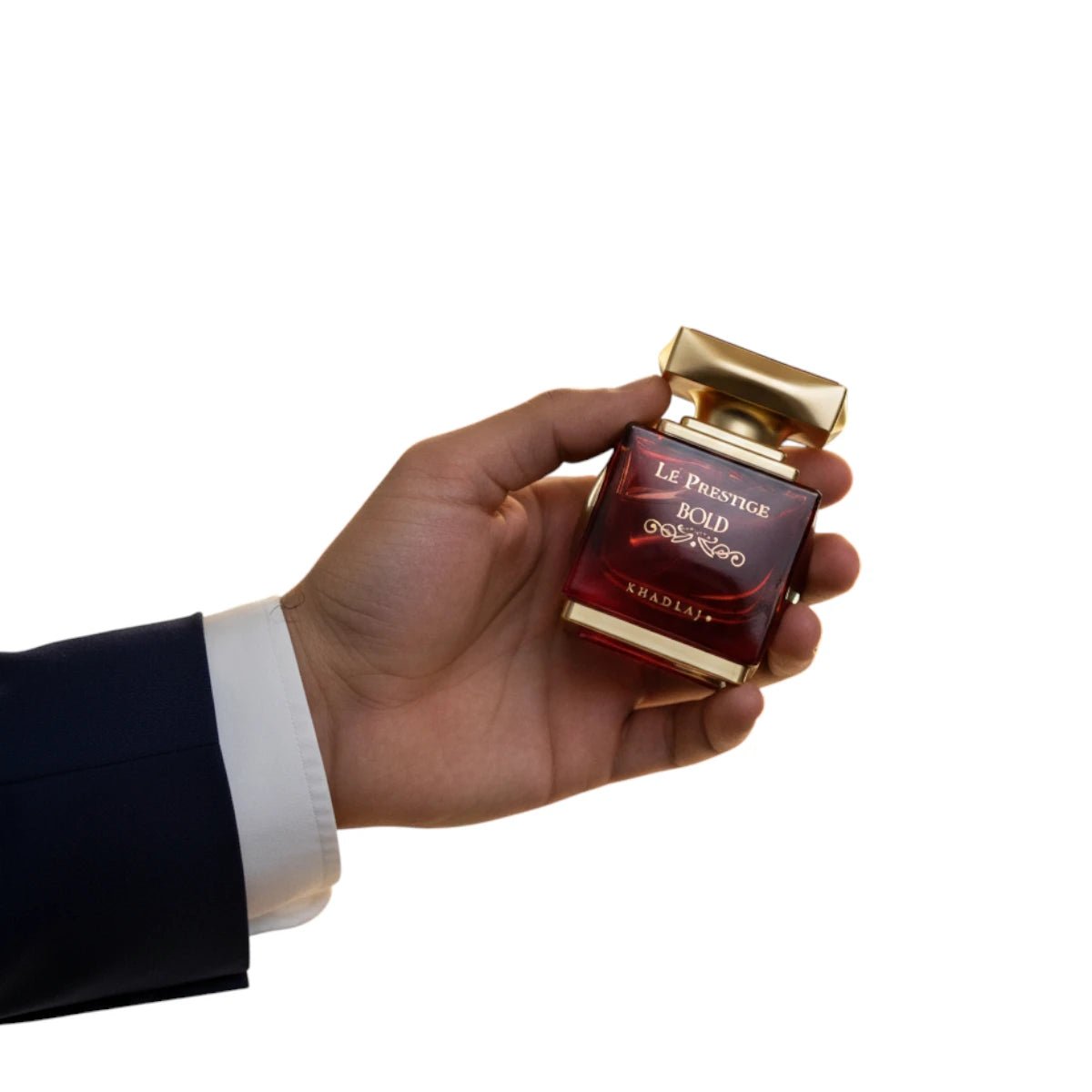 Hand holding the Khadlaj Le Prestige Bold 100ml eau de parfum