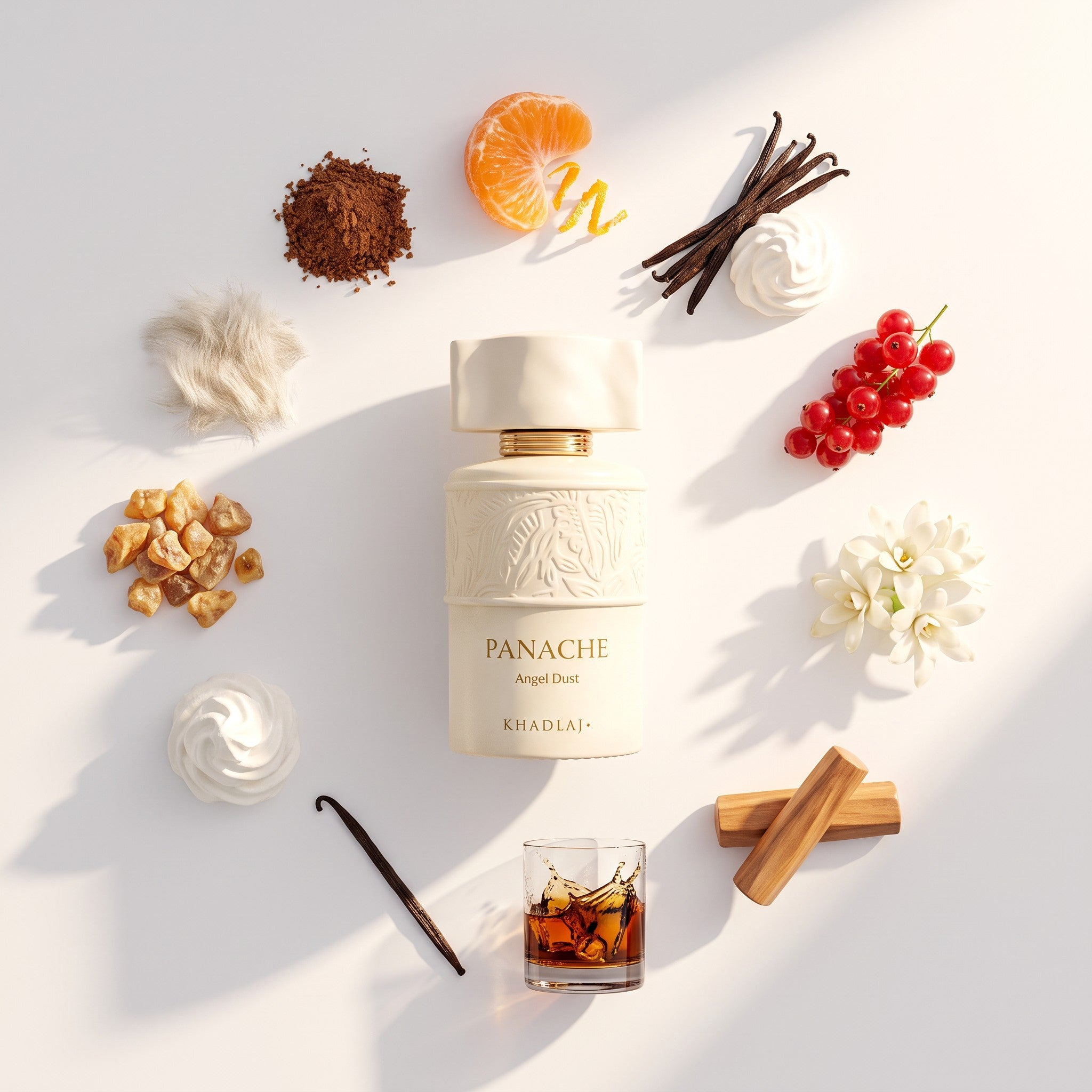 Khadlaj Panache Angel Dust fragrance notes: mandarin, redcurrant, tuberose, rum, vanilla and whipped cream