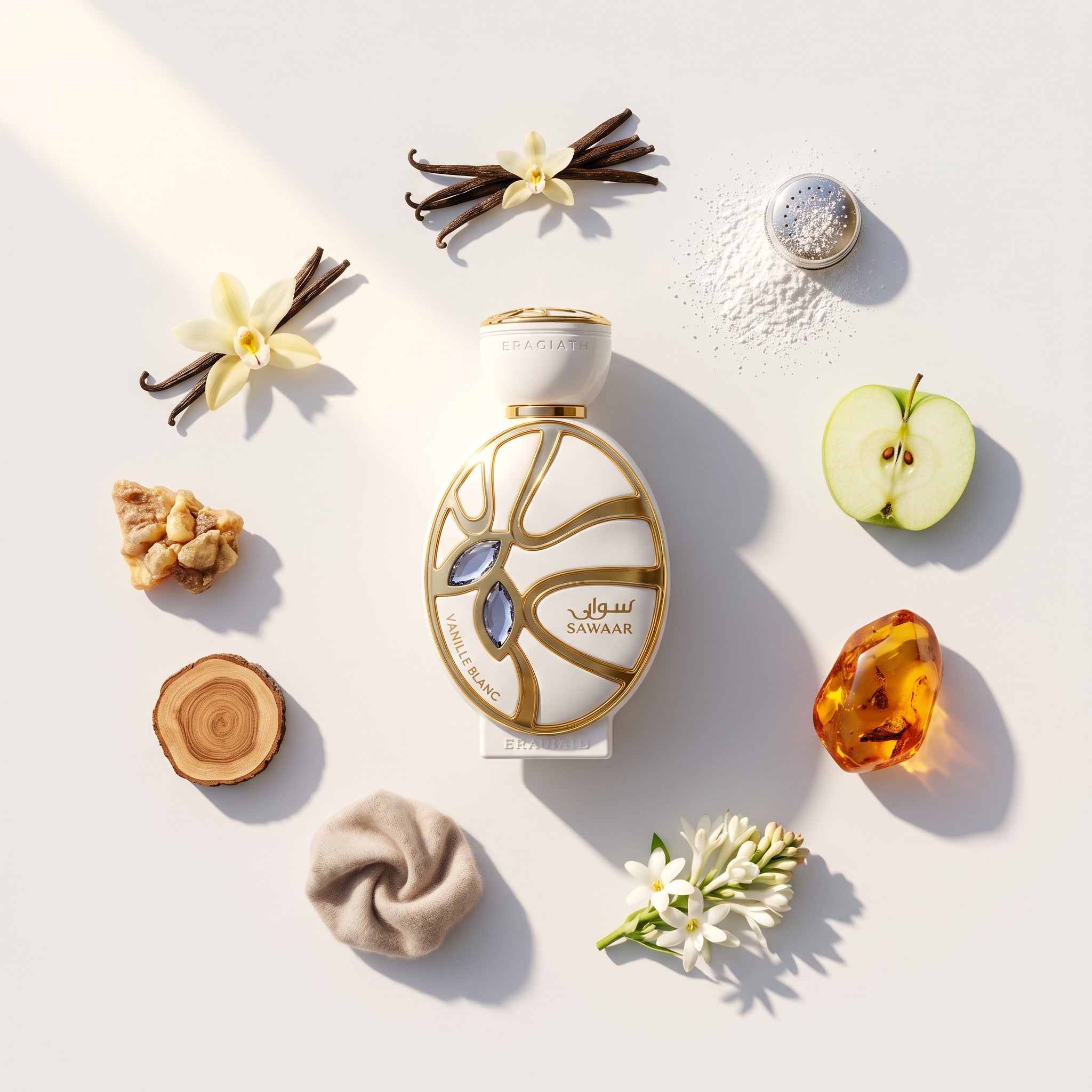 Khadlaj Sawaar Vanille Blanc fragrance notes: vanilla, powdered sugar, apple, amber and sandalwood