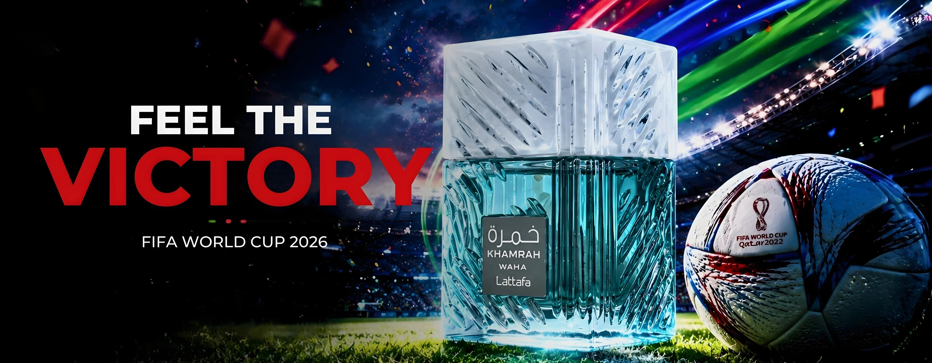 Khamrah Waha Lataffa Bottle of perfume with a football on a sports event background