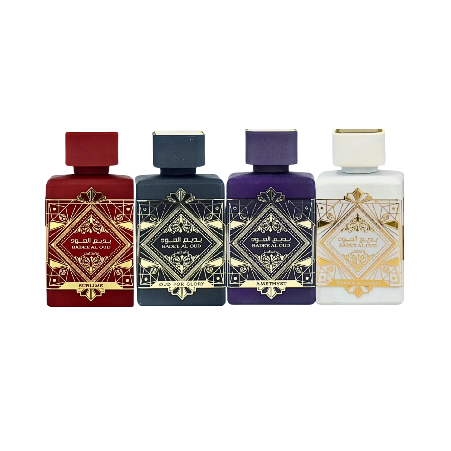 Lattafa Perfumes Bade'e Al Oud Honor & Glory 3.4oz 100ml, Amethyst 3.4oz 100ml, Sublime 3.4oz 100ml & Oud for Glory 3.4oz 100ml