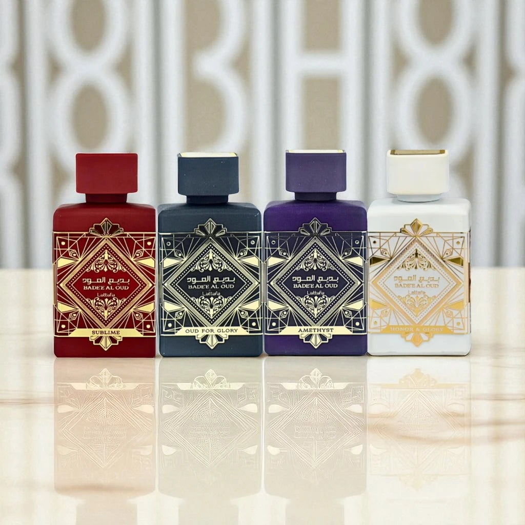 Lattafa Perfumes Bade'e Al Oud Honor & Glory 3.4oz 100ml, Amethyst 3.4oz 100ml, Sublime 3.4oz 100ml & Oud for Glory 3.4oz 100ml