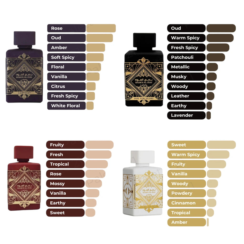 Lattafa Perfumes Bade'e Al Oud Honor & Glory 3.4oz 100ml, Amethyst 3.4oz 100ml, Sublime 3.4oz 100ml & Oud for Glory 3.4oz 100ml