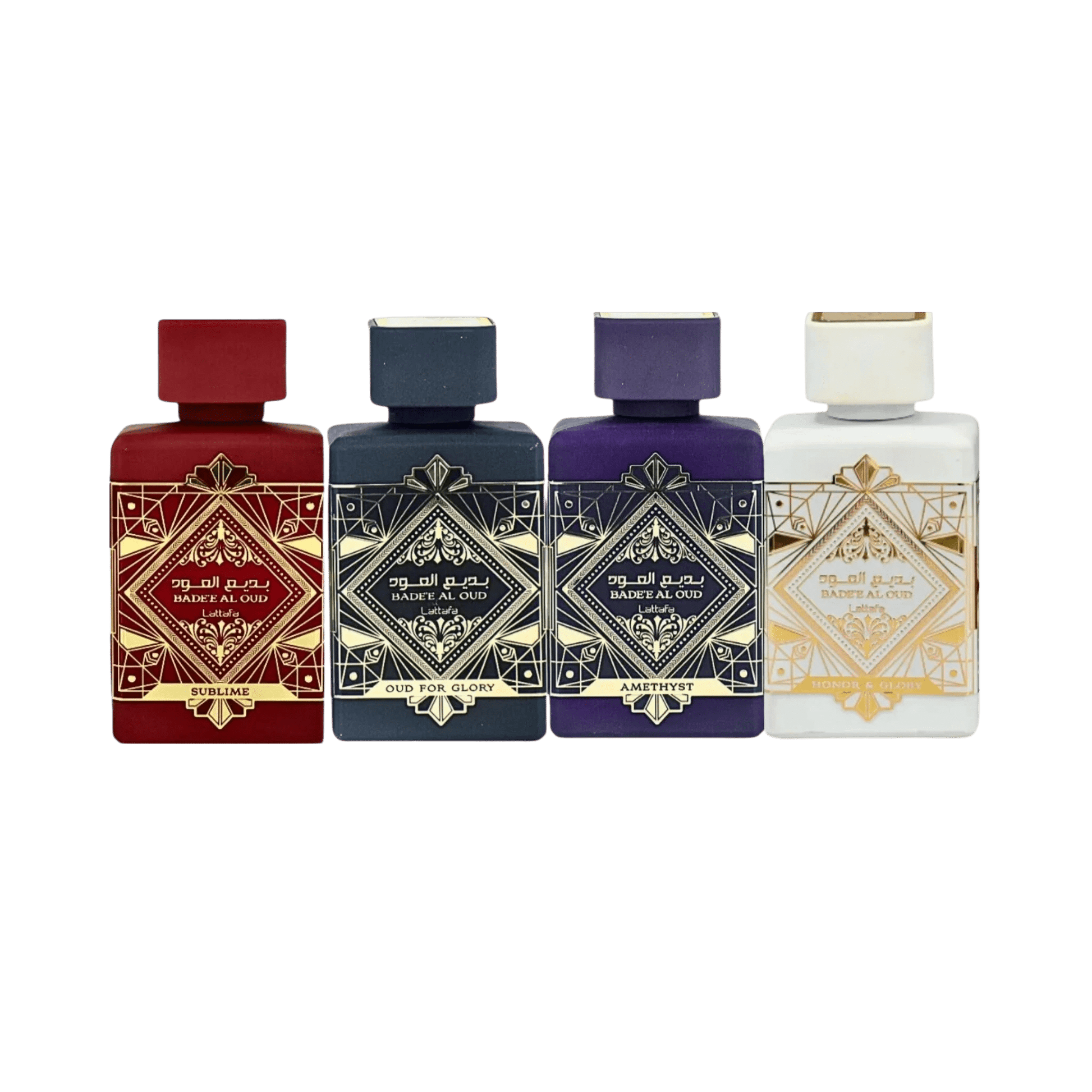 Lattafa Perfumes Bade'e Al Oud Honor & Glory 3.4oz 100ml, Amethyst 3.4oz 100ml, Sublime 3.4oz 100ml & Oud for Glory 3.4oz 100ml