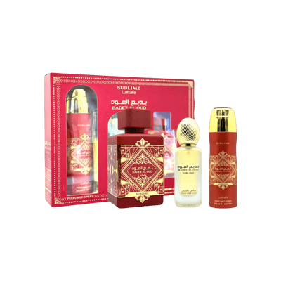 Lattafa Perfumes Bade'e Al Oud Sublime 3.4oz 100ml, Body Spray 6.8oz 200ml & Hair Mist 50ml 3pc Gift Set