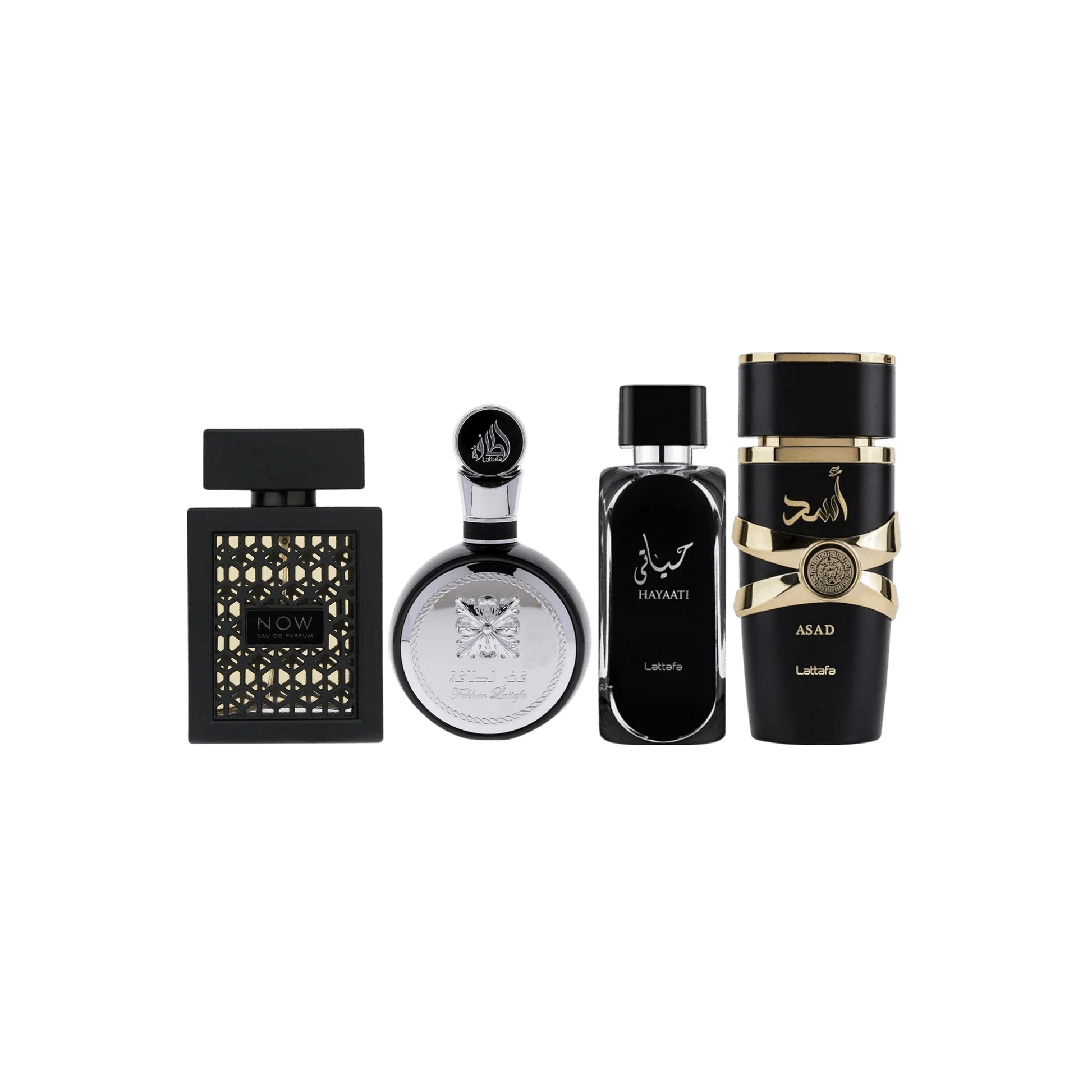 Lattafa Perfumes Rave Now 3.4oz 100ml, Fakhar 3.4oz 100ml, Hayaati 3.4oz 100ml & Asad 3.4oz 100ml