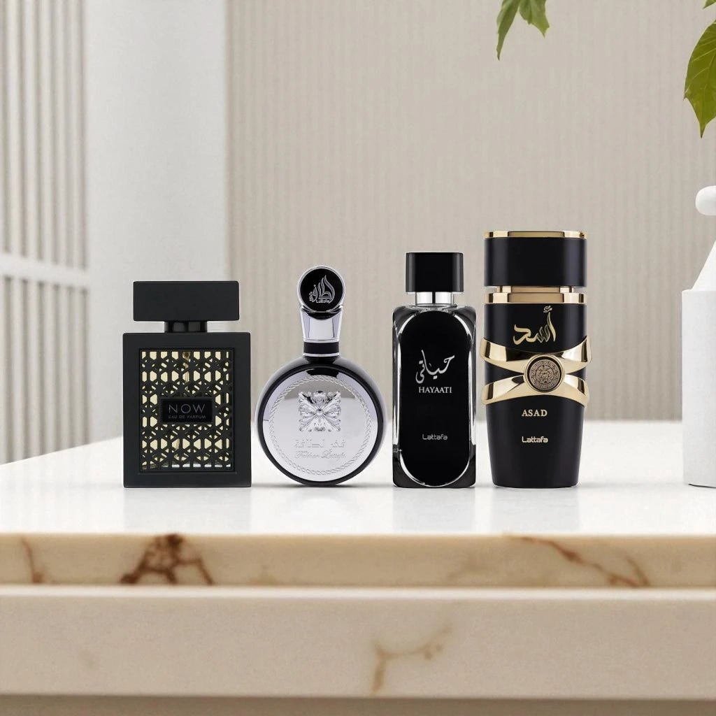 Lattafa Perfumes Rave Now 3.4oz 100ml, Fakhar 3.4oz 100ml, Hayaati 3.4oz 100ml & Asad 3.4oz 100ml