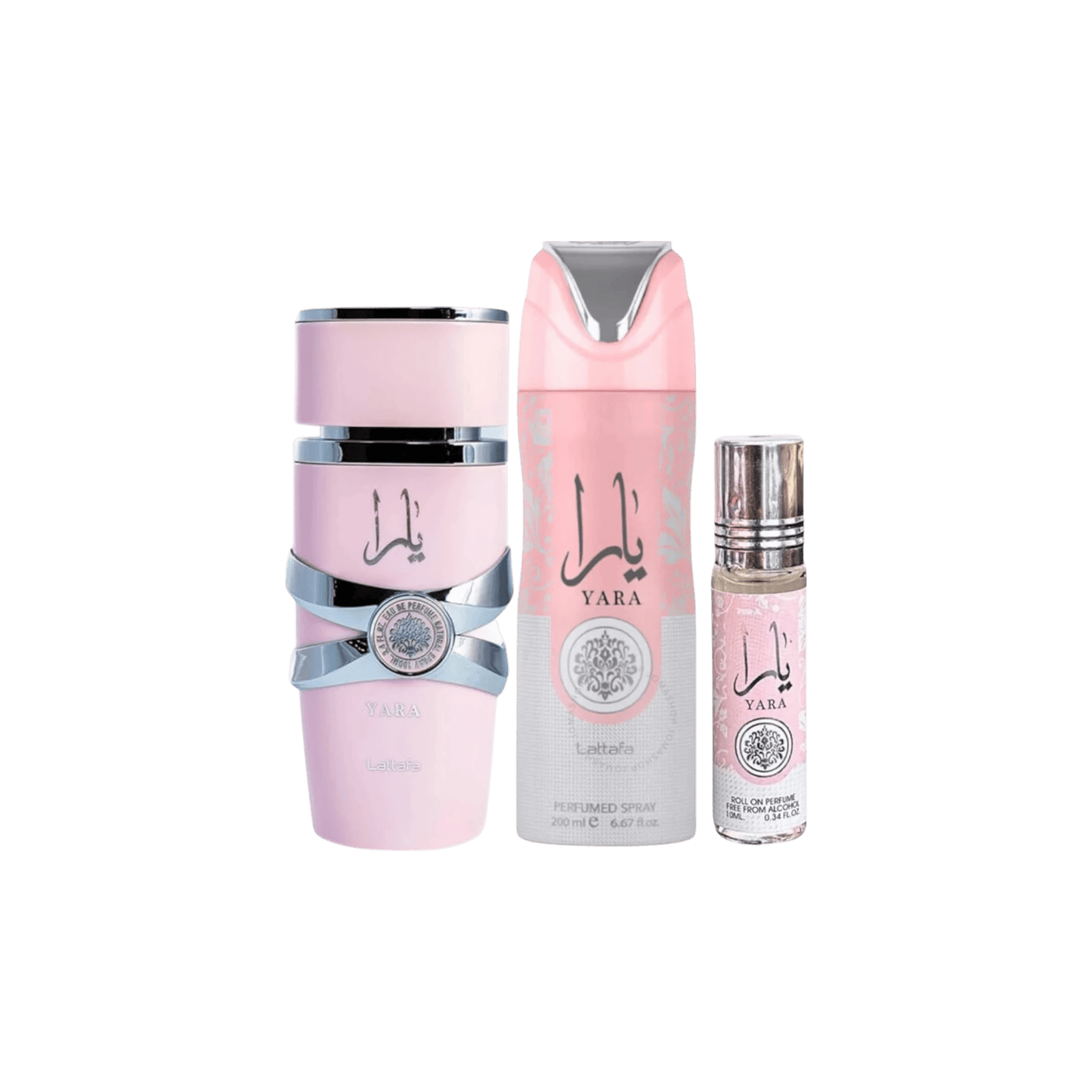Lattafa Perfumes Yara 3.4oz 100ml & Yara Deodorant 6.67oz 200ml & Yara Roll - on 10ml