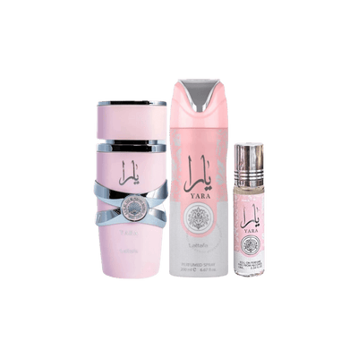 Lattafa Perfumes Yara 3.4oz 100ml & Yara Deodorant 6.67oz 200ml & Yara Roll - on 10ml