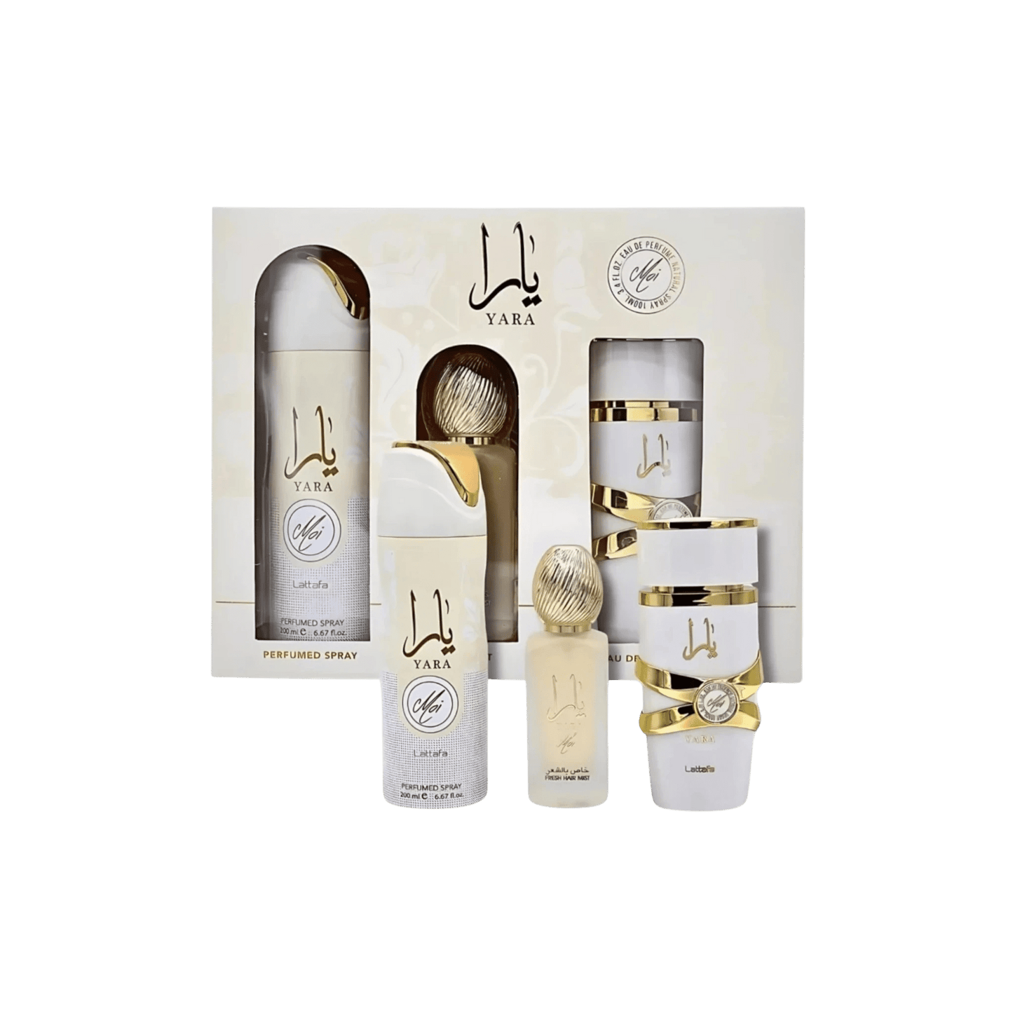 Lattafa Perfumes Yara Moi 3.4oz 100ml & Body Spray 6.8oz 200ml & Hair Mist 50ml 1.7oz 3pc Gift Set