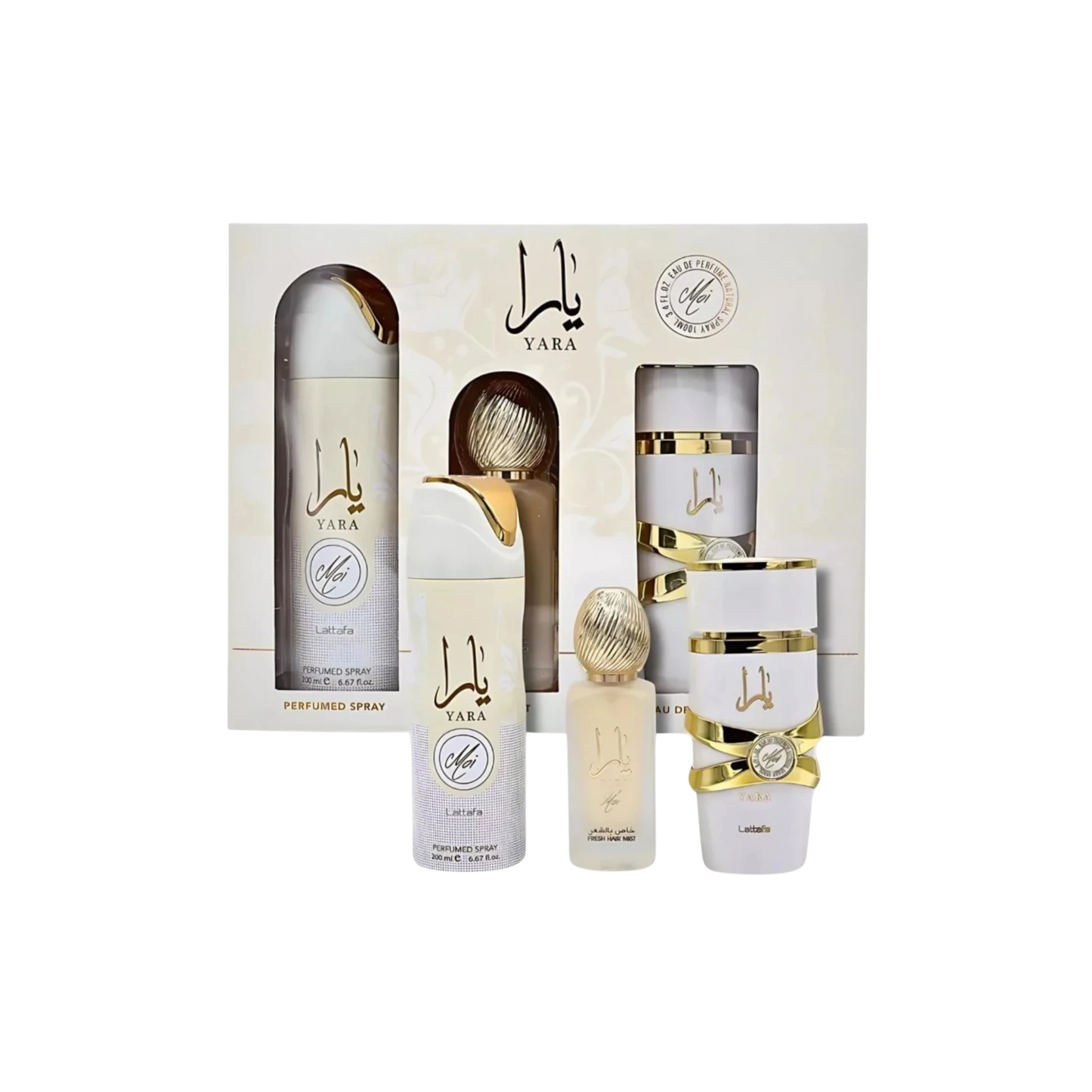 Lattafa Perfumes Yara Moi 3.4oz 100ml & Body Spray 6.8oz 200ml & Hair Mist 50ml 1.7oz 3pc Gift Set