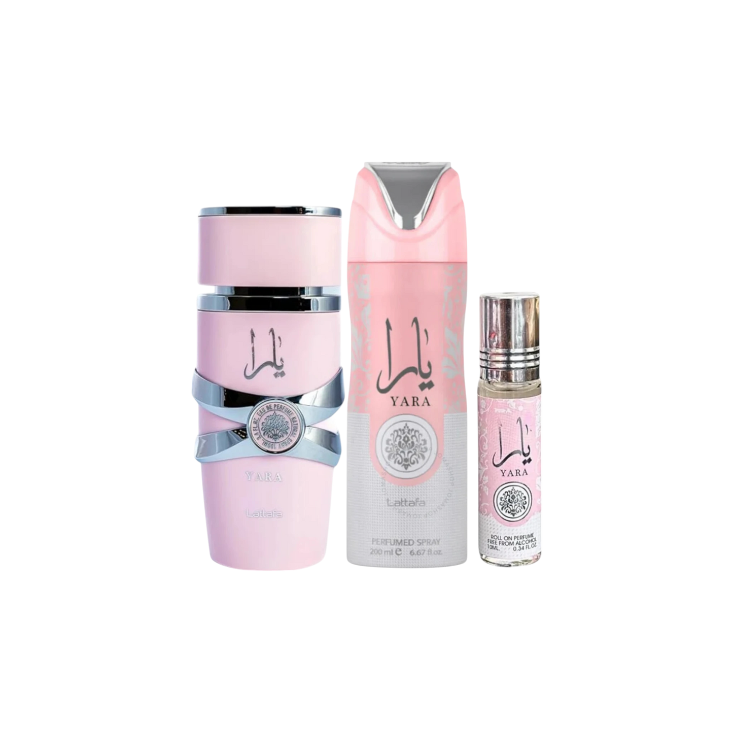 Lattafa Perfumes Yara 3.4oz 100ml & Yara Deodorant 6.67oz 200ml & Yara Roll-on 10ml