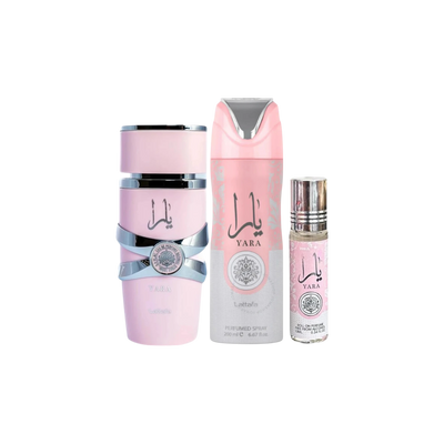 Lattafa Perfumes Yara 3.4oz 100ml & Yara Deodorant 6.67oz 200ml & Yara Roll-on 10ml