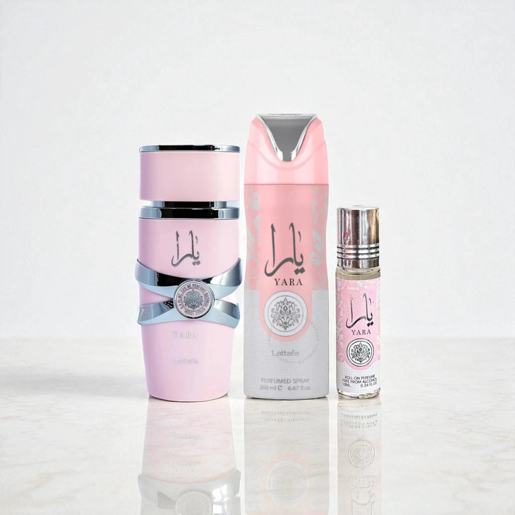 Lattafa Perfumes Yara 3.4oz 100ml & Yara Deodorant 6.67oz 200ml & Yara Roll-on 10ml
