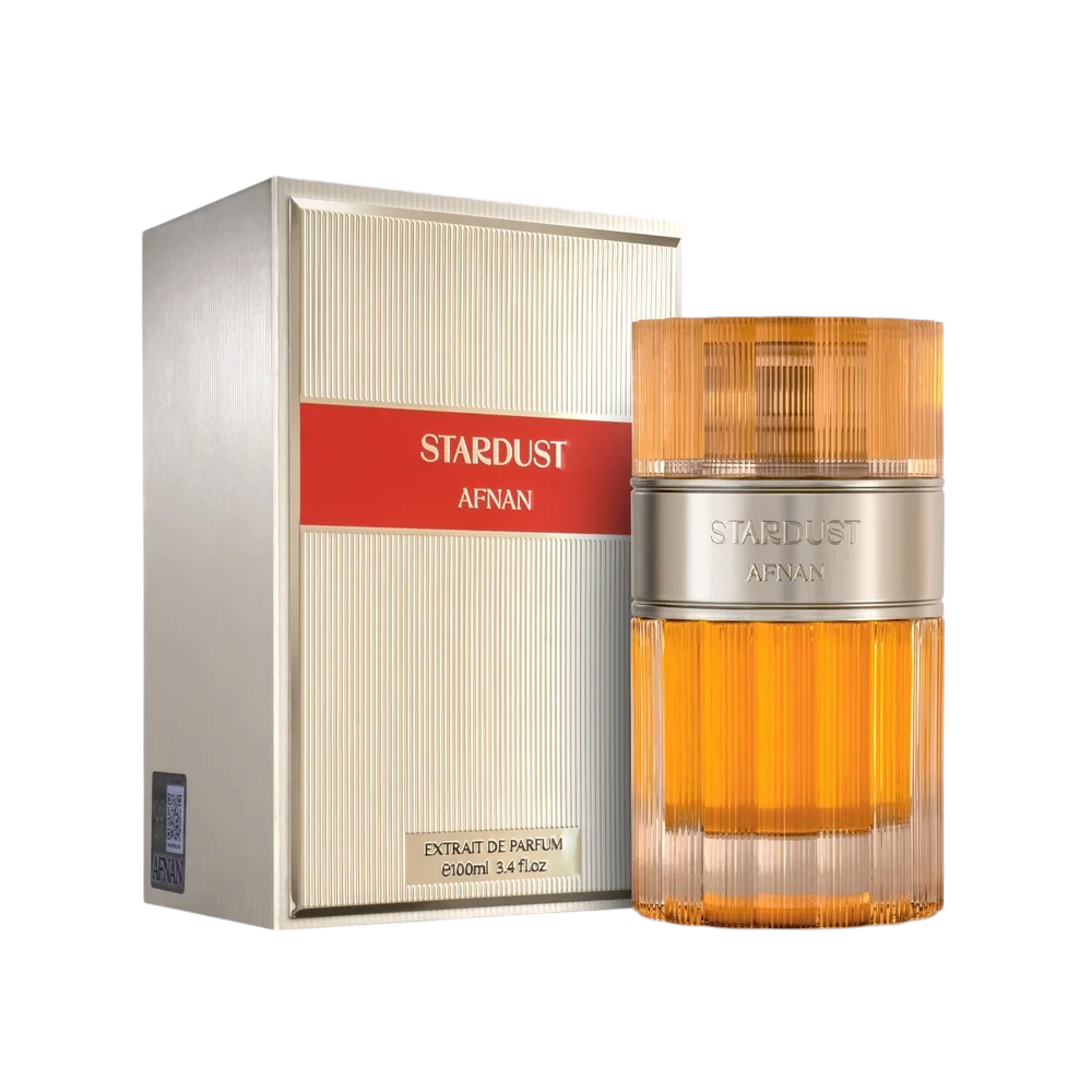 Palette 21 Afnan Stardust Extrait de Parfum in a ribbed amber-gold bottle with its matching elegant presentation box.