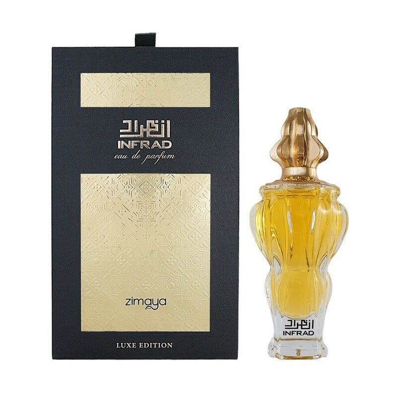 Palette 21 Afnan Zimaya Infrad Luxe amber vanilla Eau de Parfum bottle with elegant gold cap and black gift box