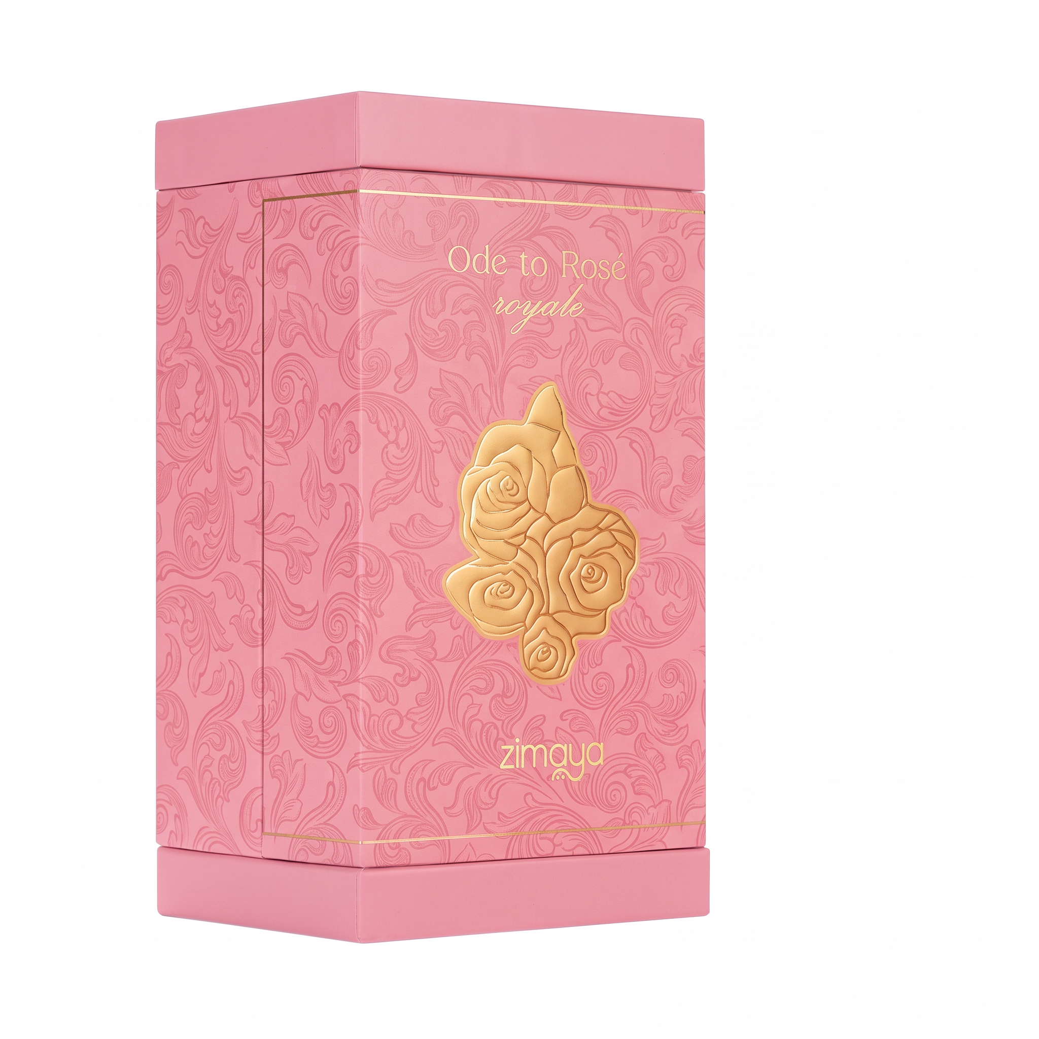 Palette 21 Afnan Zimaya Ode to Rose Royale perfume box in pink with gold floral embossing and rose emblem