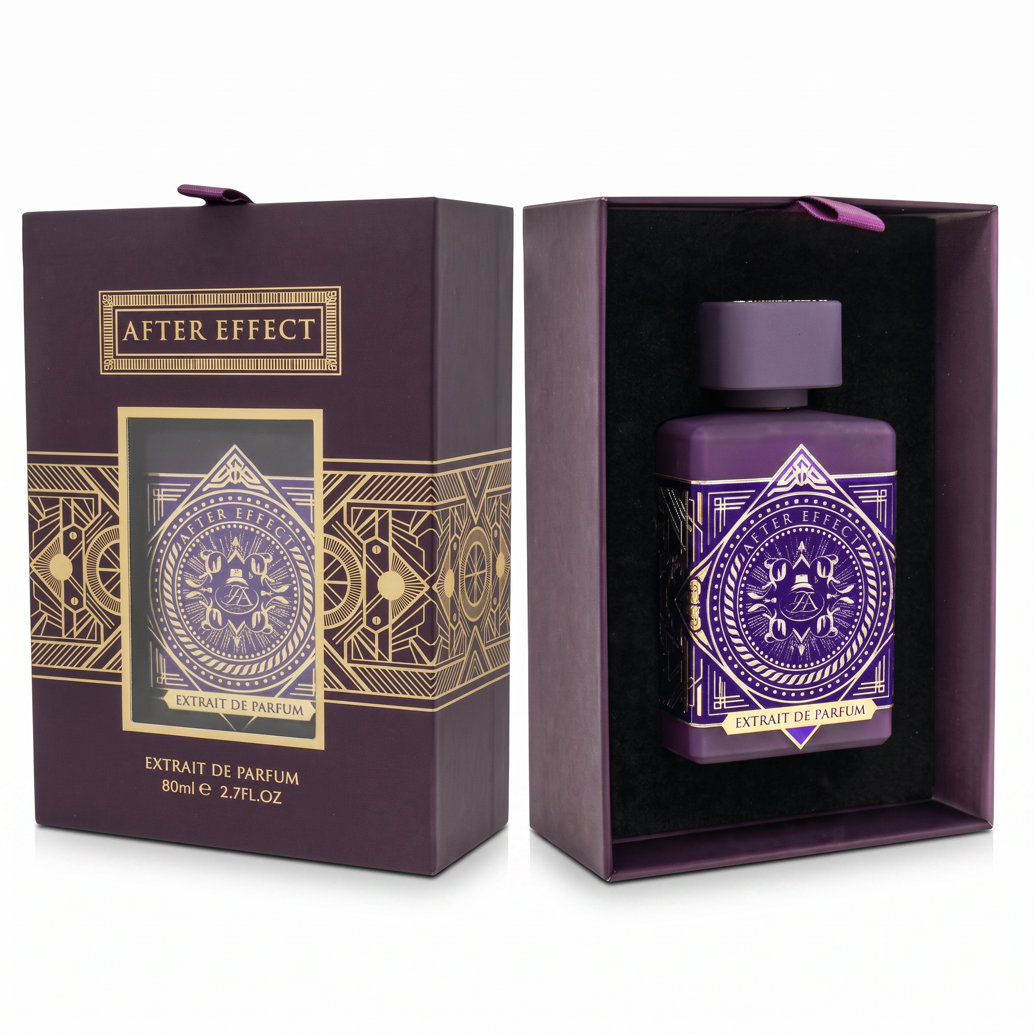 Palette 21 After Effect Extrait De Parfum in a deep purple bottle with vintage geometric gold detailing in a gift box
