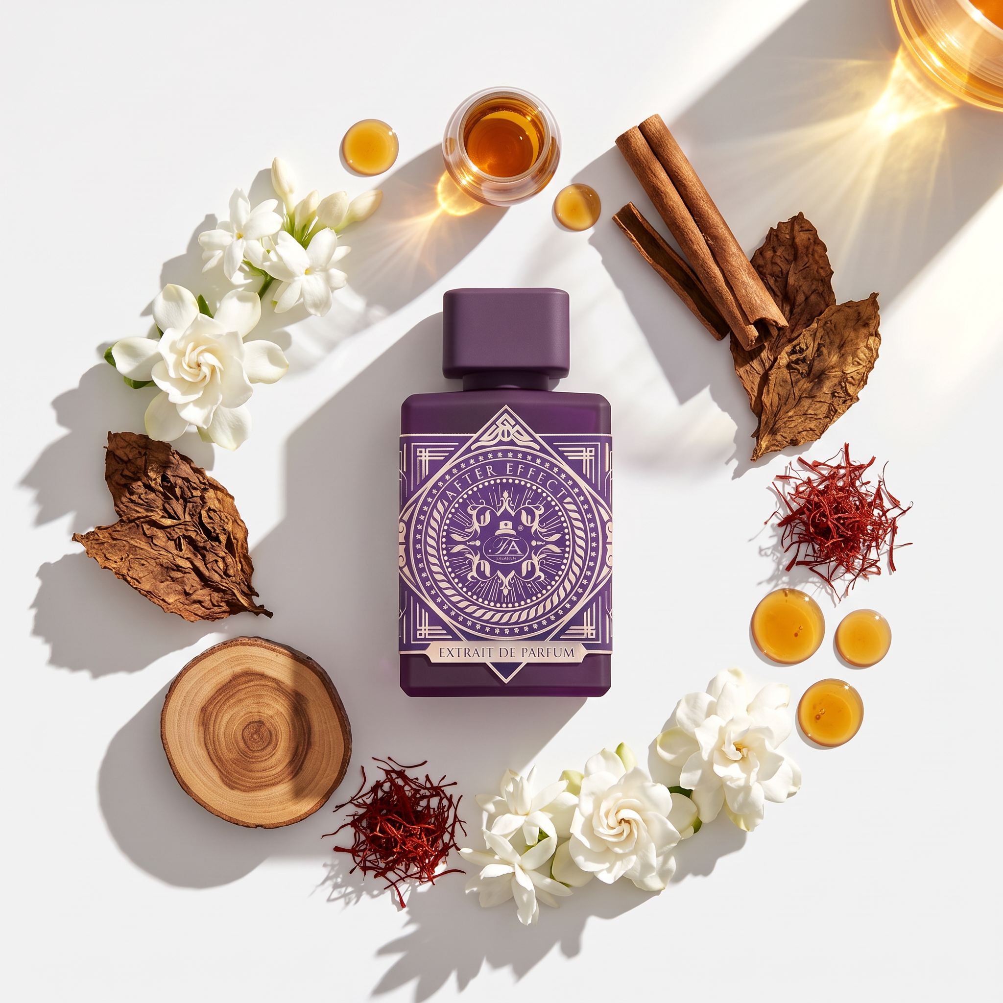 Palette 21 After Effect Extrait de Parfum bottle surrounded by cinnamon, saffron, white flowers, and wood slices.