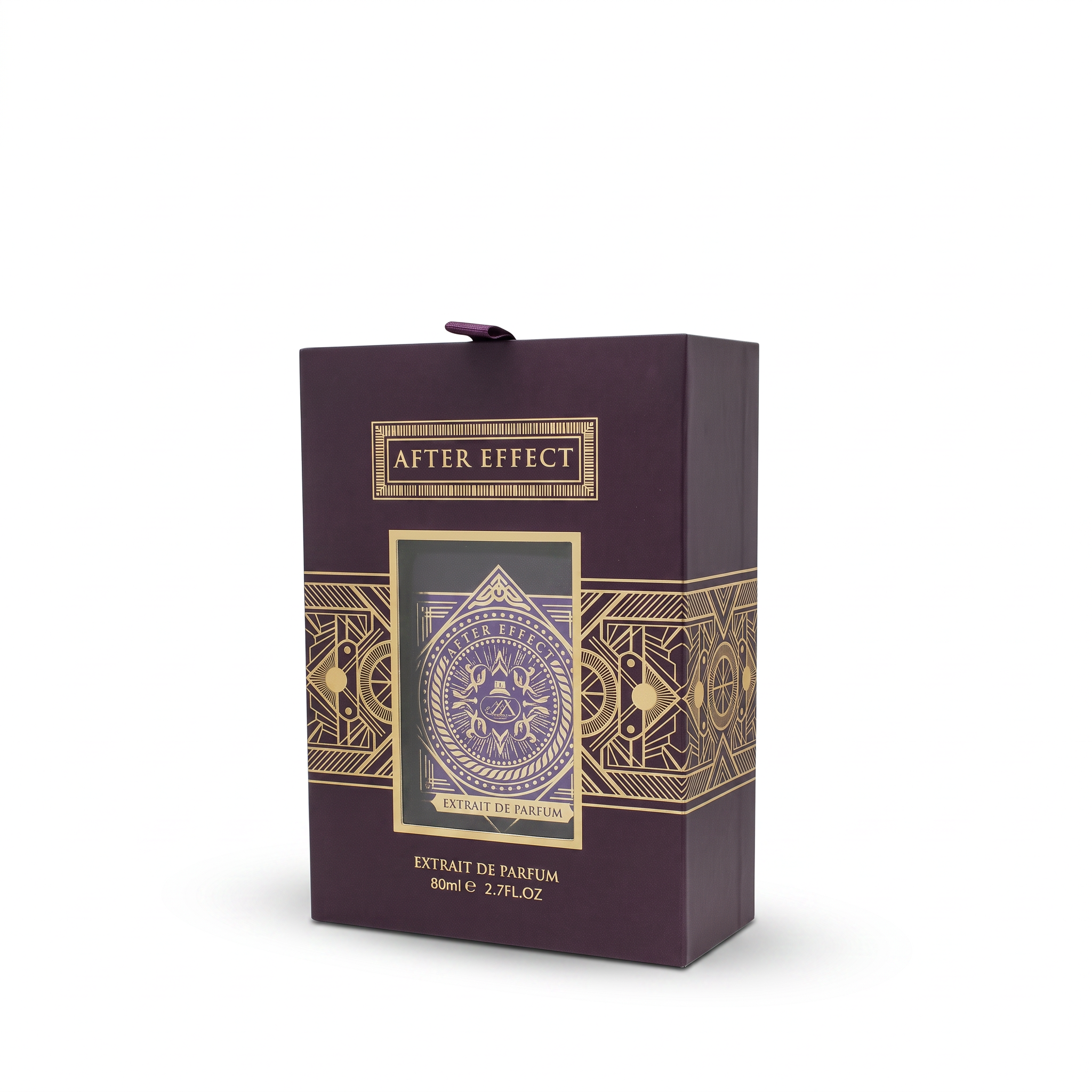Palette 21 After Effect Extrait de Parfum in a deep purple box with intricate gold Art Deco geometric patterns.