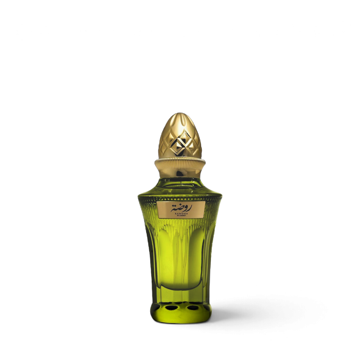 Palette 21 Ahmed Al Maghribi Rawdha perfume bottle in green glass with an ornate gold cap and label
