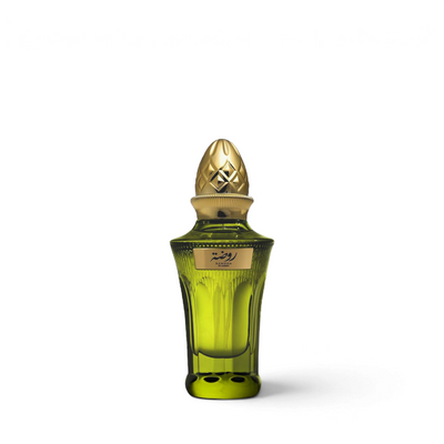 Palette 21 Ahmed Al Maghribi Rawdha perfume bottle in green glass with an ornate gold cap and label